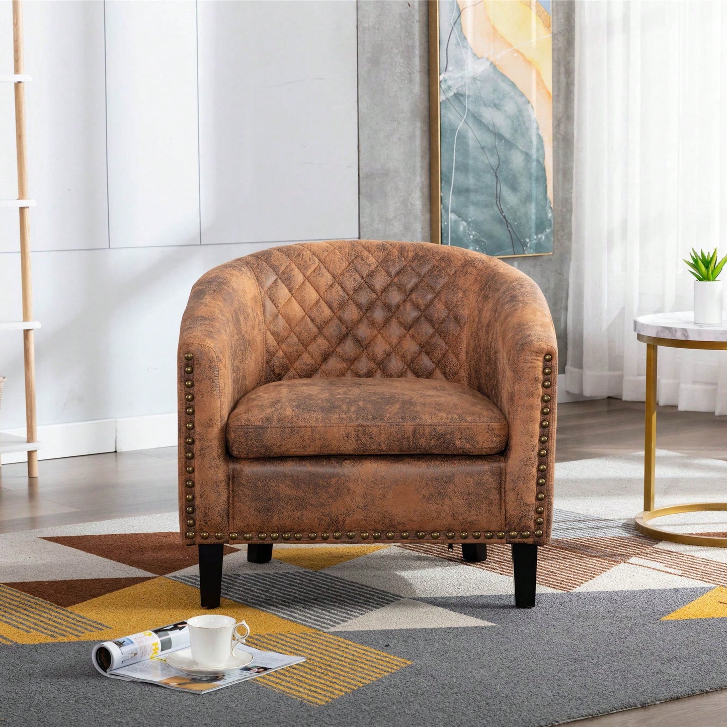 Barrel Chair Living Room Chair With Nailheads And Solid Wood Legs Linen
