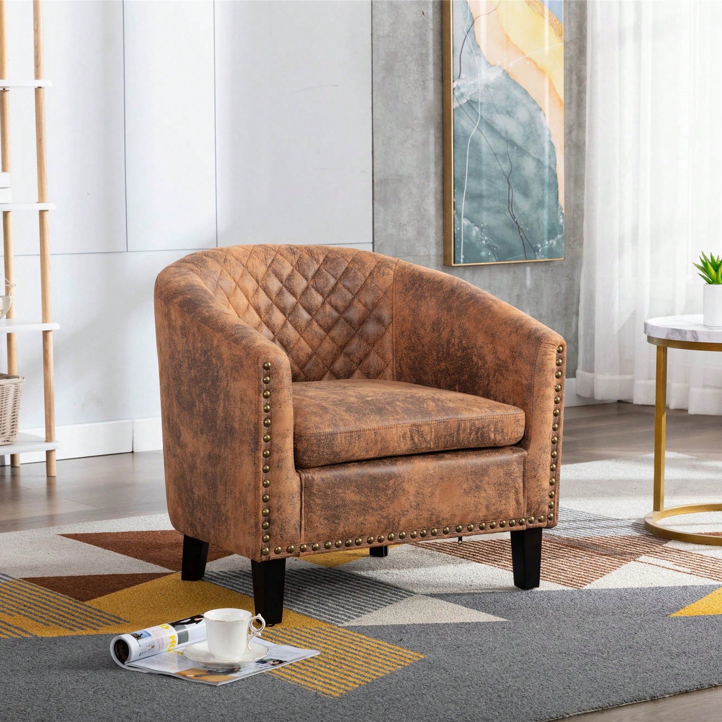 Barrel Chair Living Room Chair With Nailheads And Solid Wood Legs Linen