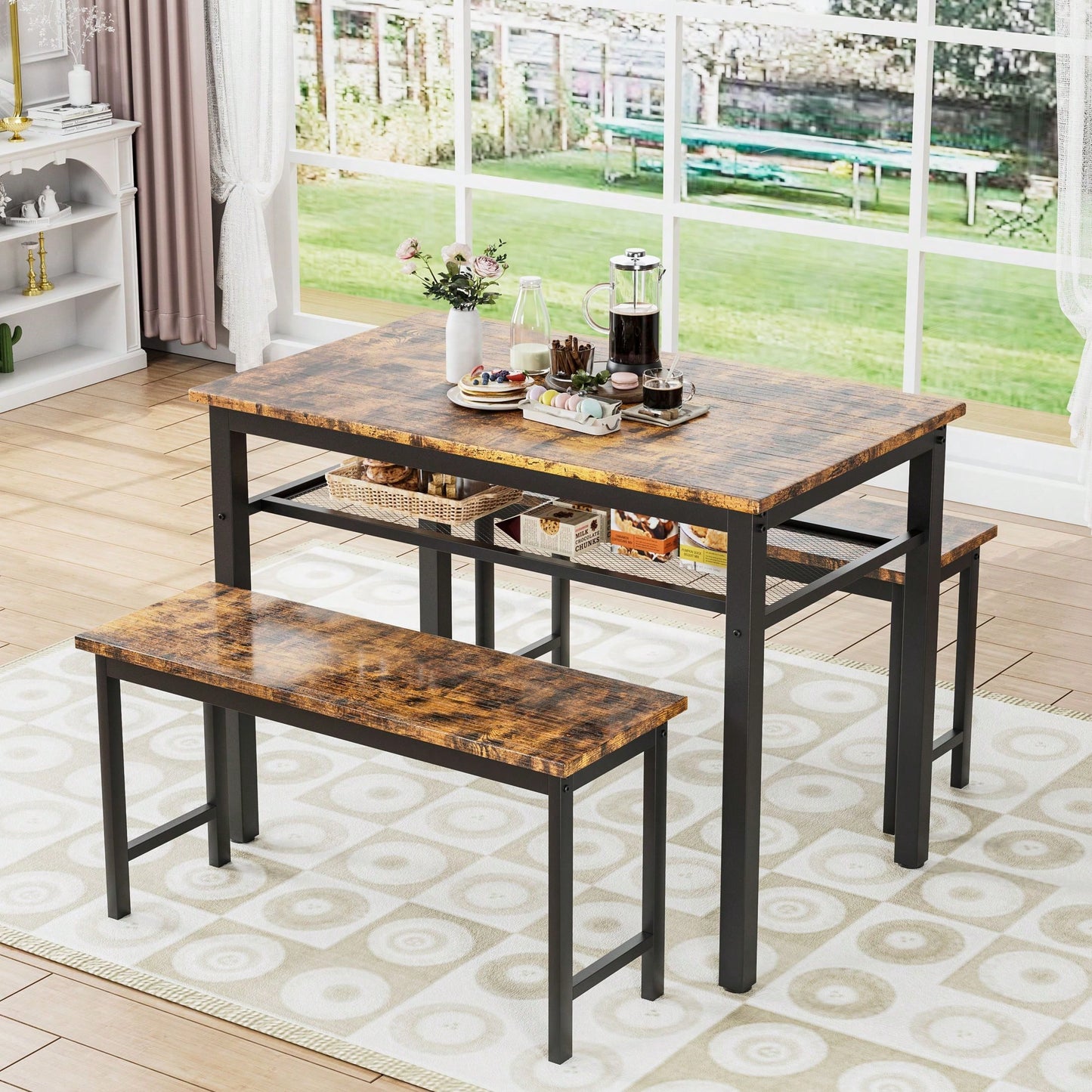 3 Pieces Farmhouse Kitchen Table Set With Two Benches, Metal Frame And MDF Board