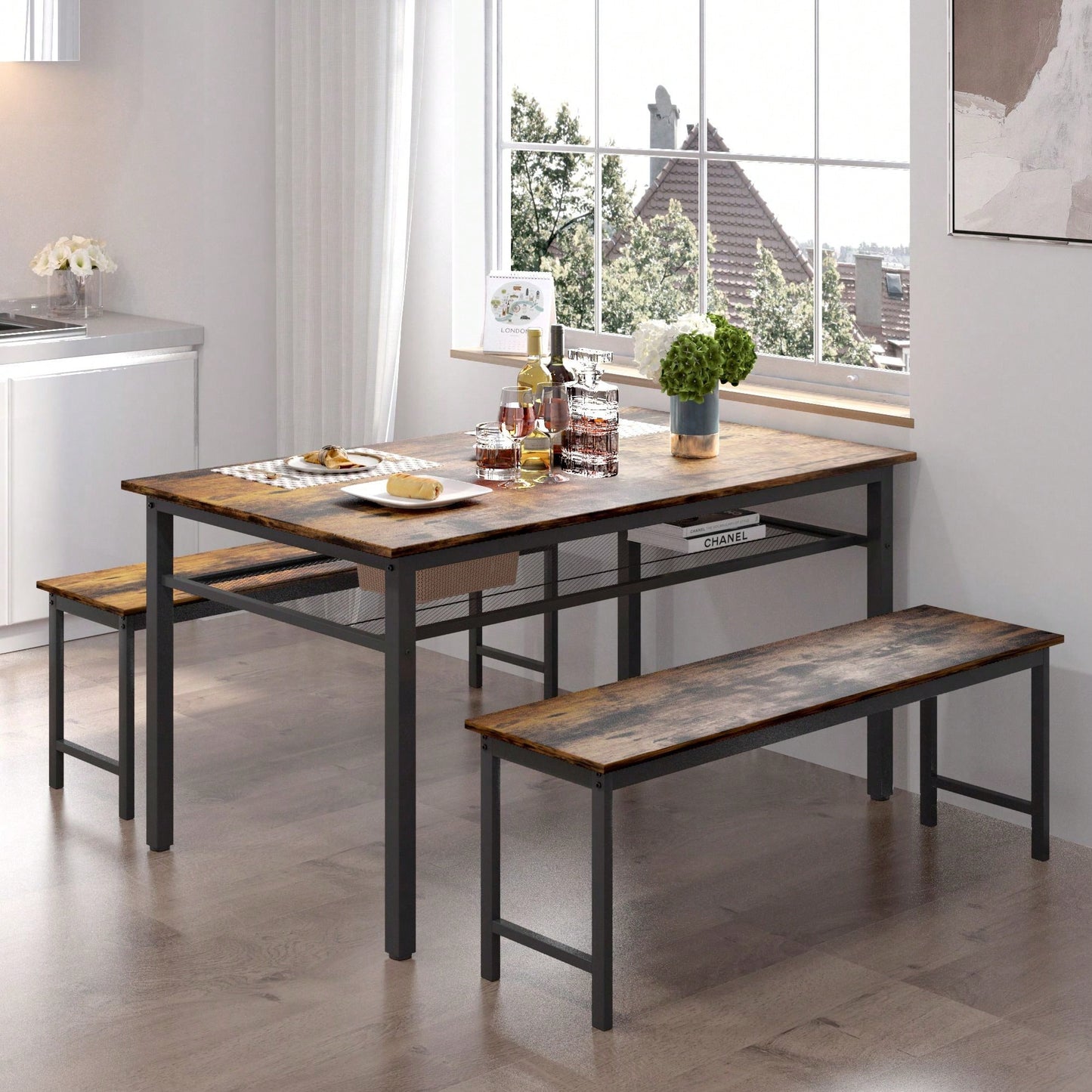 3 Pieces Farmhouse Kitchen Table Set With Two Benches, Metal Frame And MDF Board
