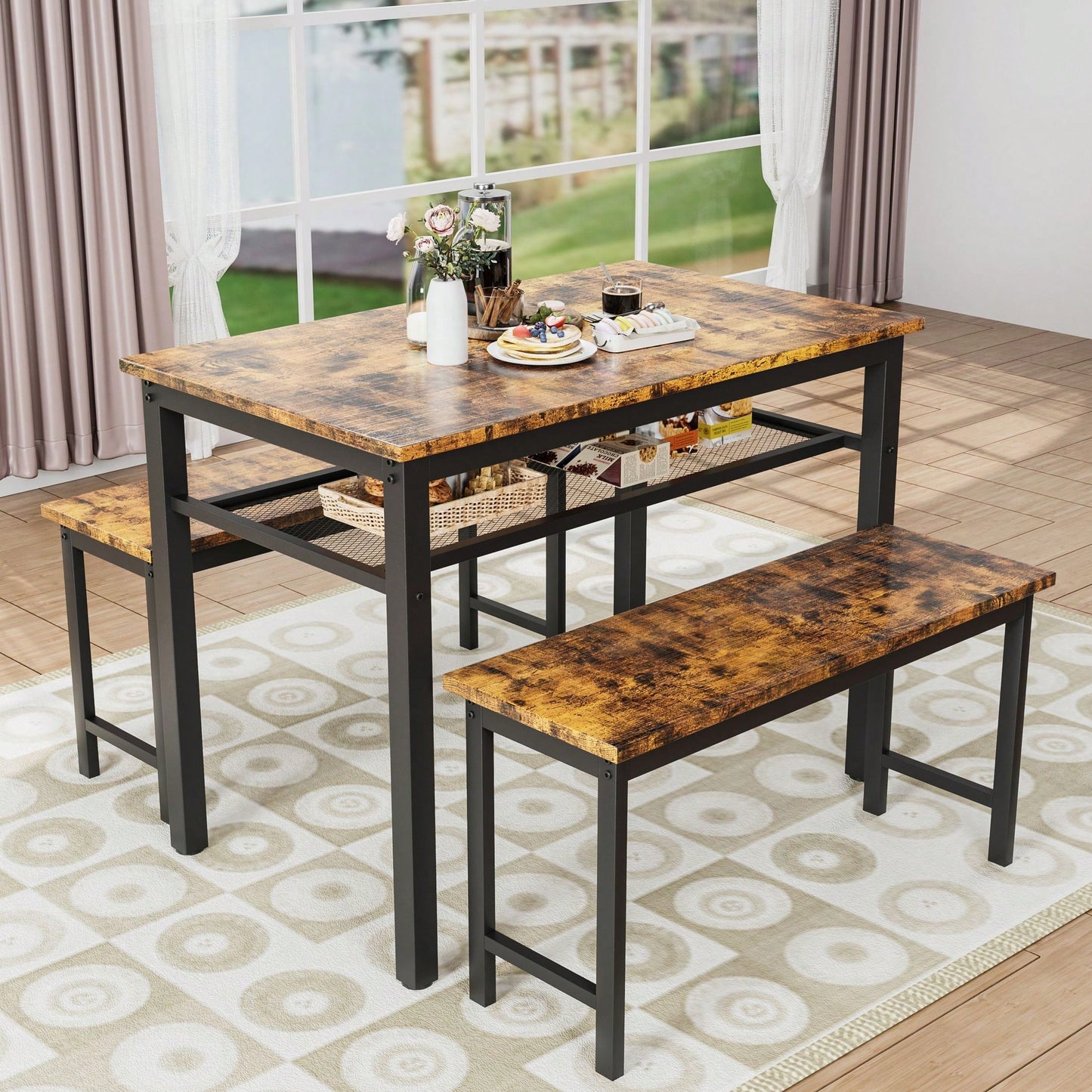 3 Pieces Farmhouse Kitchen Table Set With Two Benches, Metal Frame And MDF Board