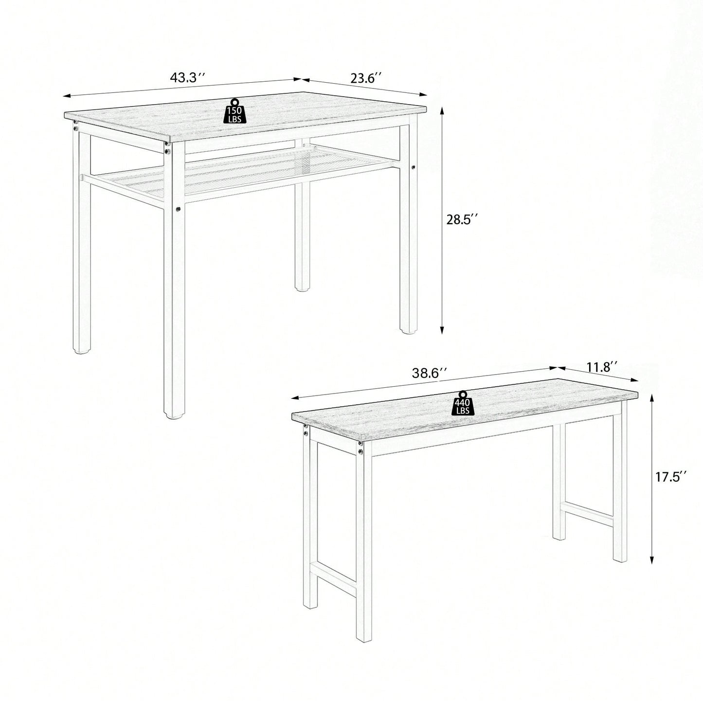 3 Pieces Farmhouse Kitchen Table Set With Two Benches, Metal Frame And MDF Board