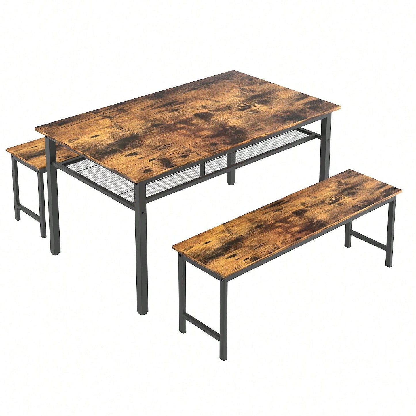 3 Pieces Farmhouse Kitchen Table Set With Two Benches, Metal Frame And MDF Board