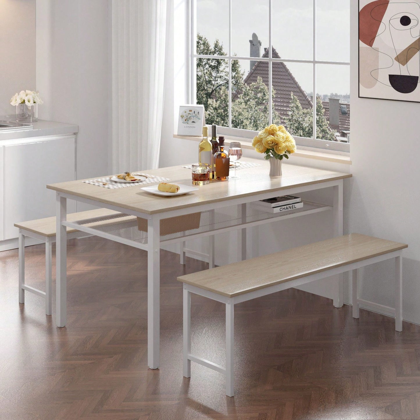 3 Pieces Farmhouse Kitchen Table Set With Two Benches, Metal Frame And MDF Board