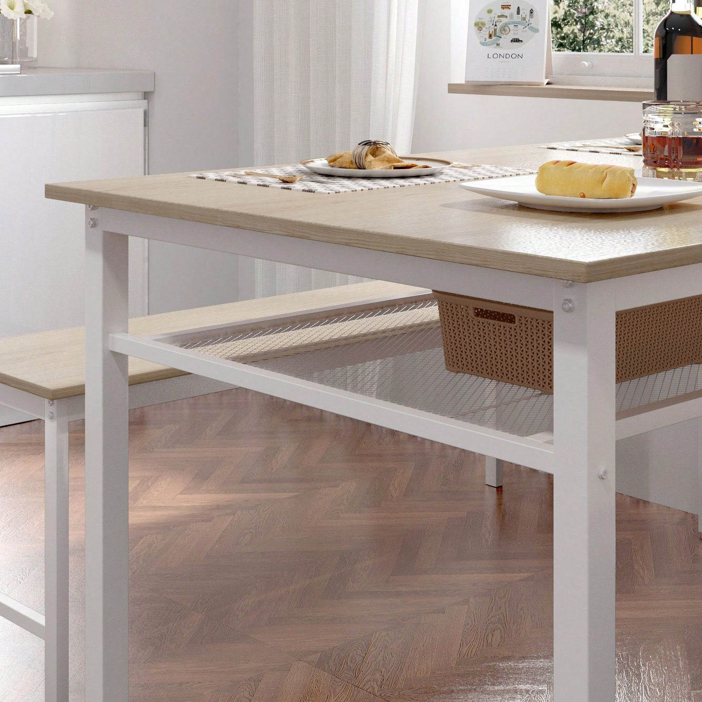 3 Pieces Farmhouse Kitchen Table Set With Two Benches, Metal Frame And MDF Board