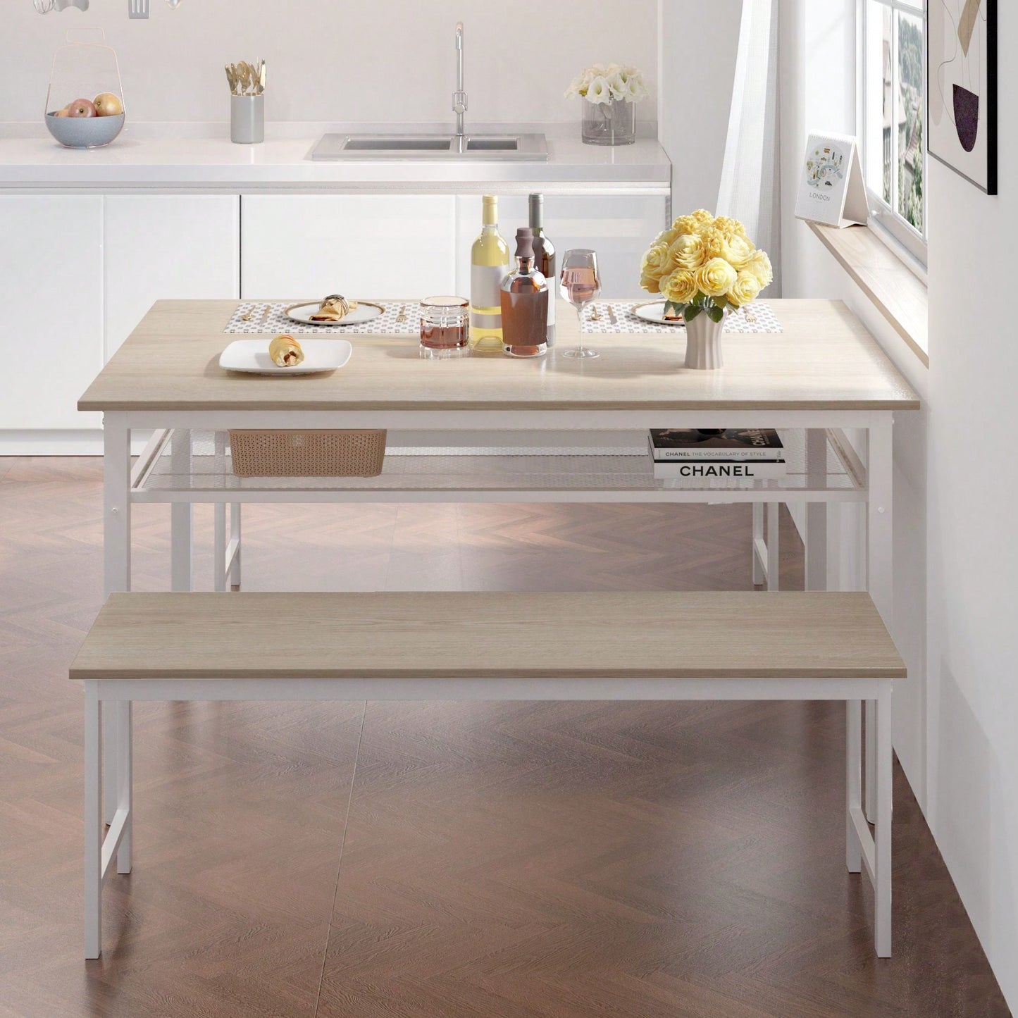 3 Pieces Farmhouse Kitchen Table Set With Two Benches, Metal Frame And MDF Board