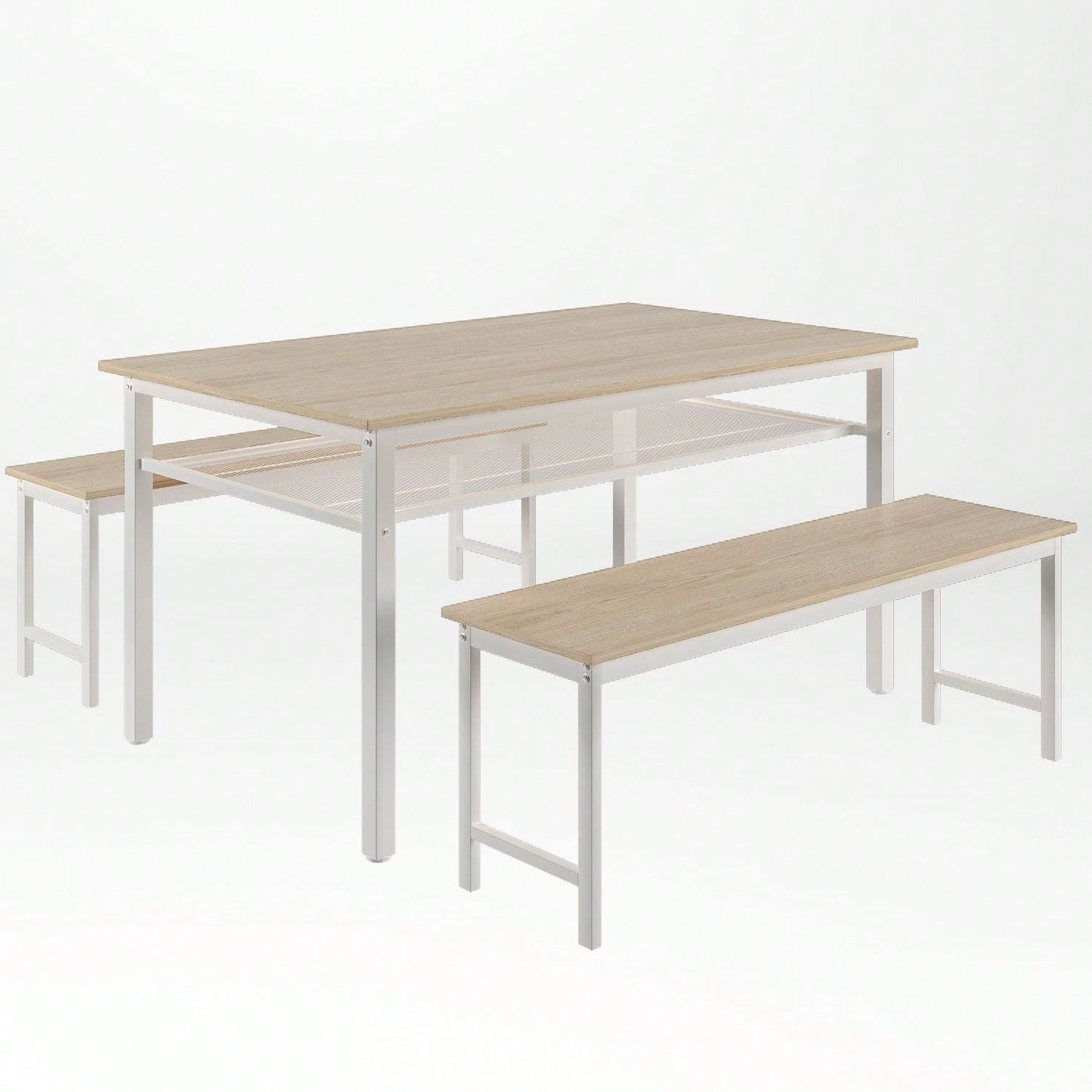 3 Pieces Farmhouse Kitchen Table Set With Two Benches, Metal Frame And MDF Board