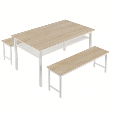 3 Pieces Farmhouse Kitchen Table Set With Two Benches, Metal Frame And MDF Board