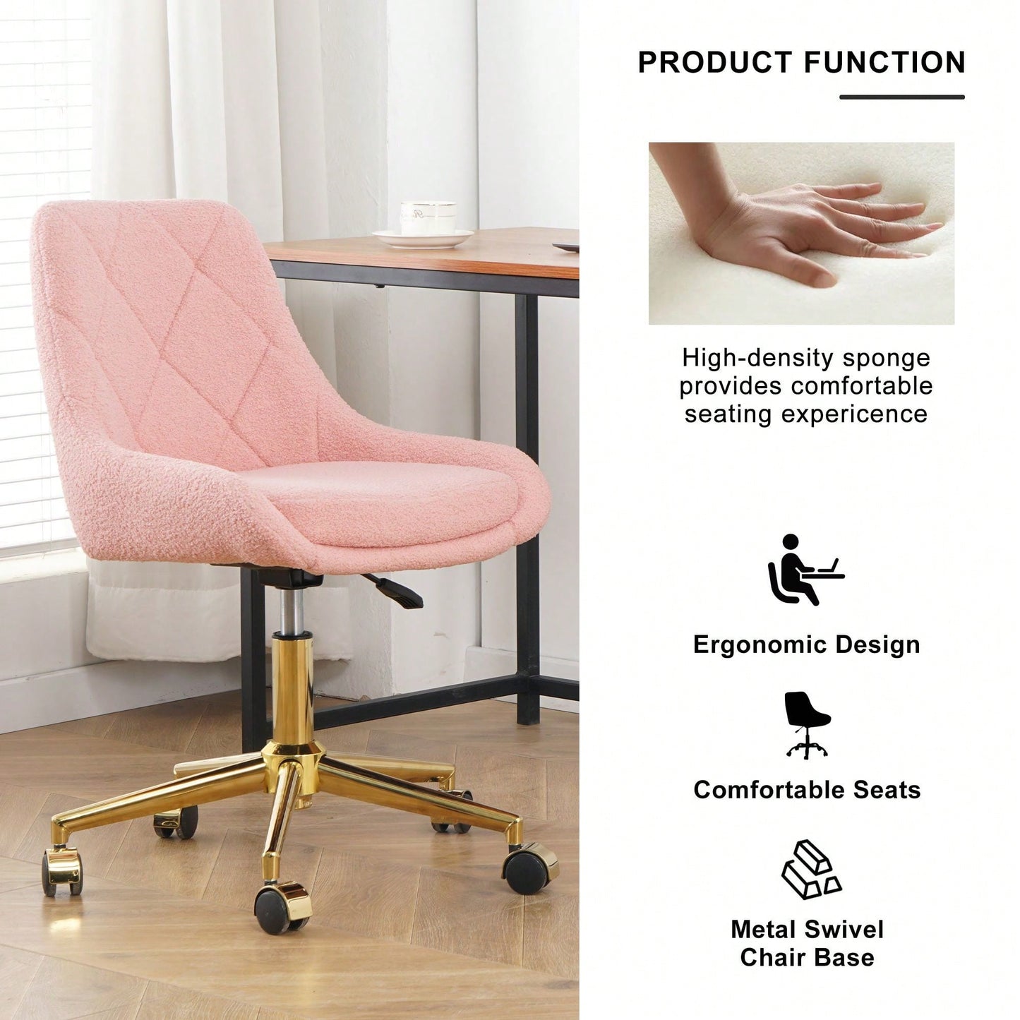 Soft Teddy Fleece Dining Chair with Gold Legs Adjustable Height Space Saving Design