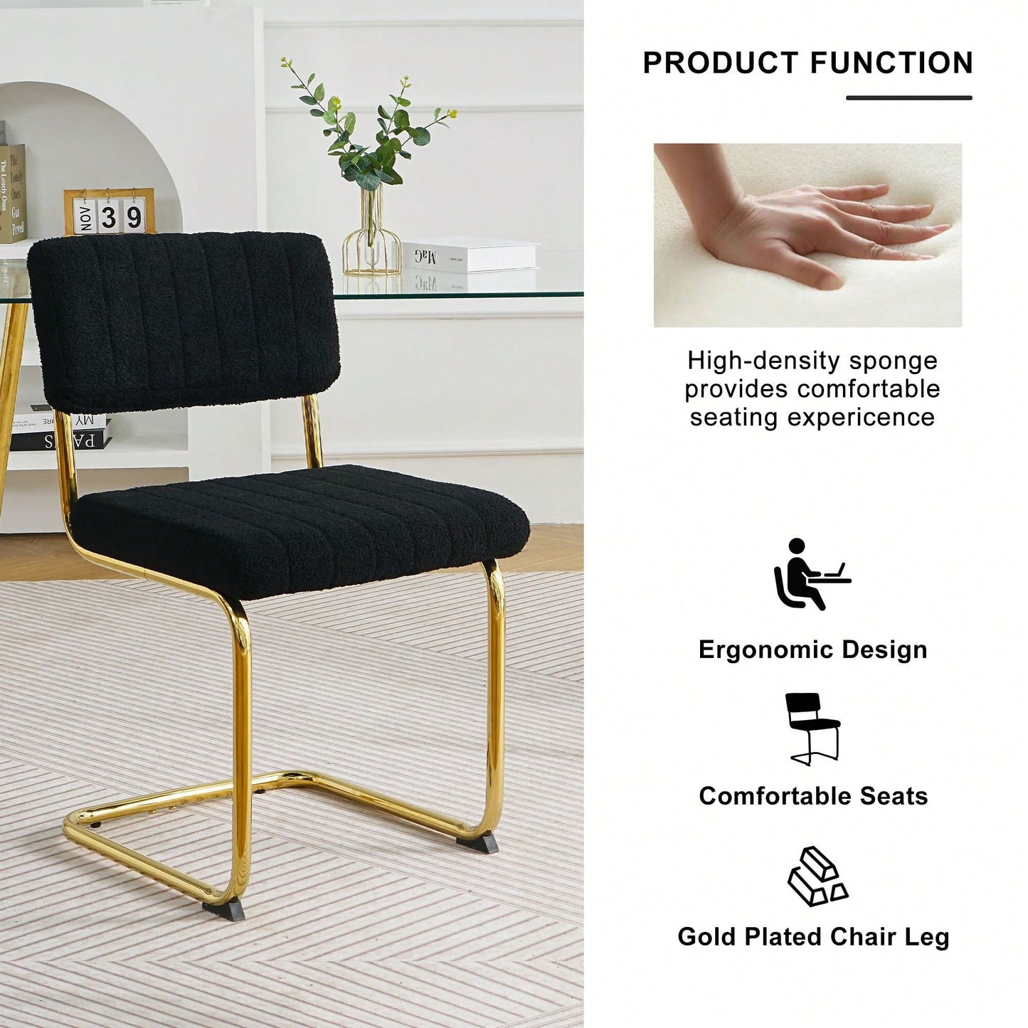 Set Of 2, Modern Simple Light Luxury Dining Chair Home Bedroom Stool Back Dressing Chair Student Desk Chair Gold Metal Legs