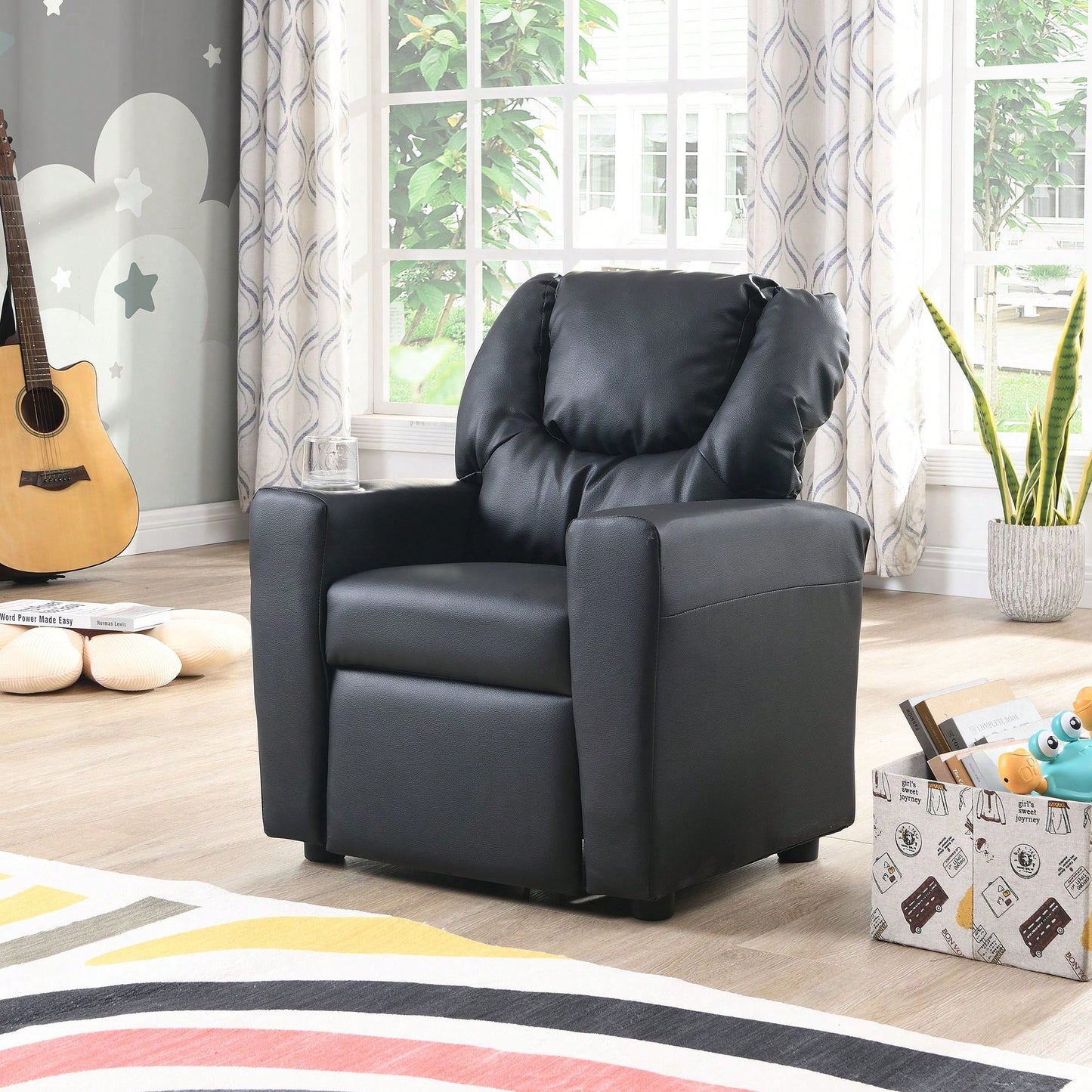 Kids Recliner Chair, Black PVC, Suitable For Any Scene, Sturdy, DURABLE CONSTRUCTION, Easy Assembly, ERGONOMIC DESIGN