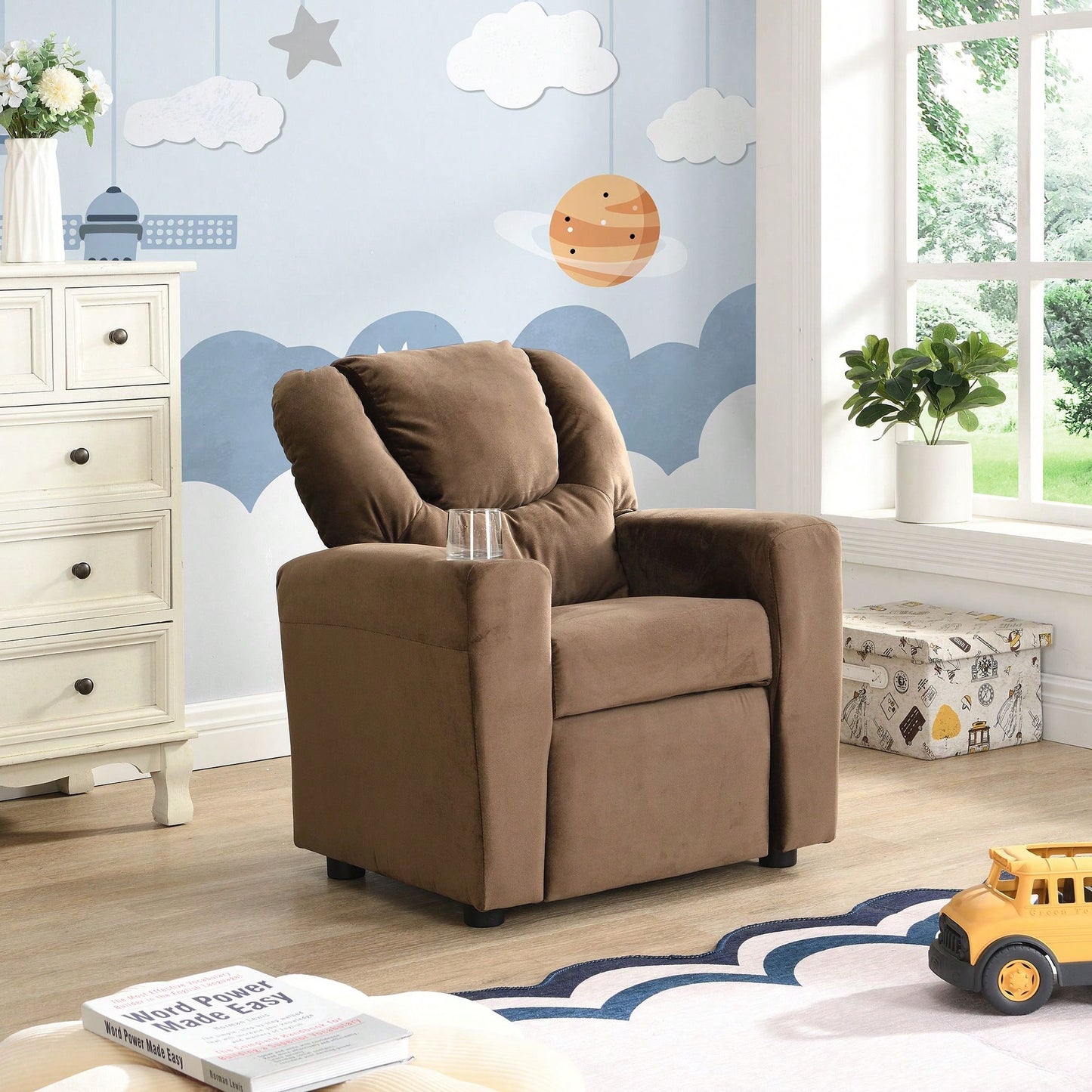 Kids Recliner Chair, Kids Upholstered Couch With One Cup Holder, Footrest, Backrest, Toddlers Velvet Recliner With Headrest And Footrest