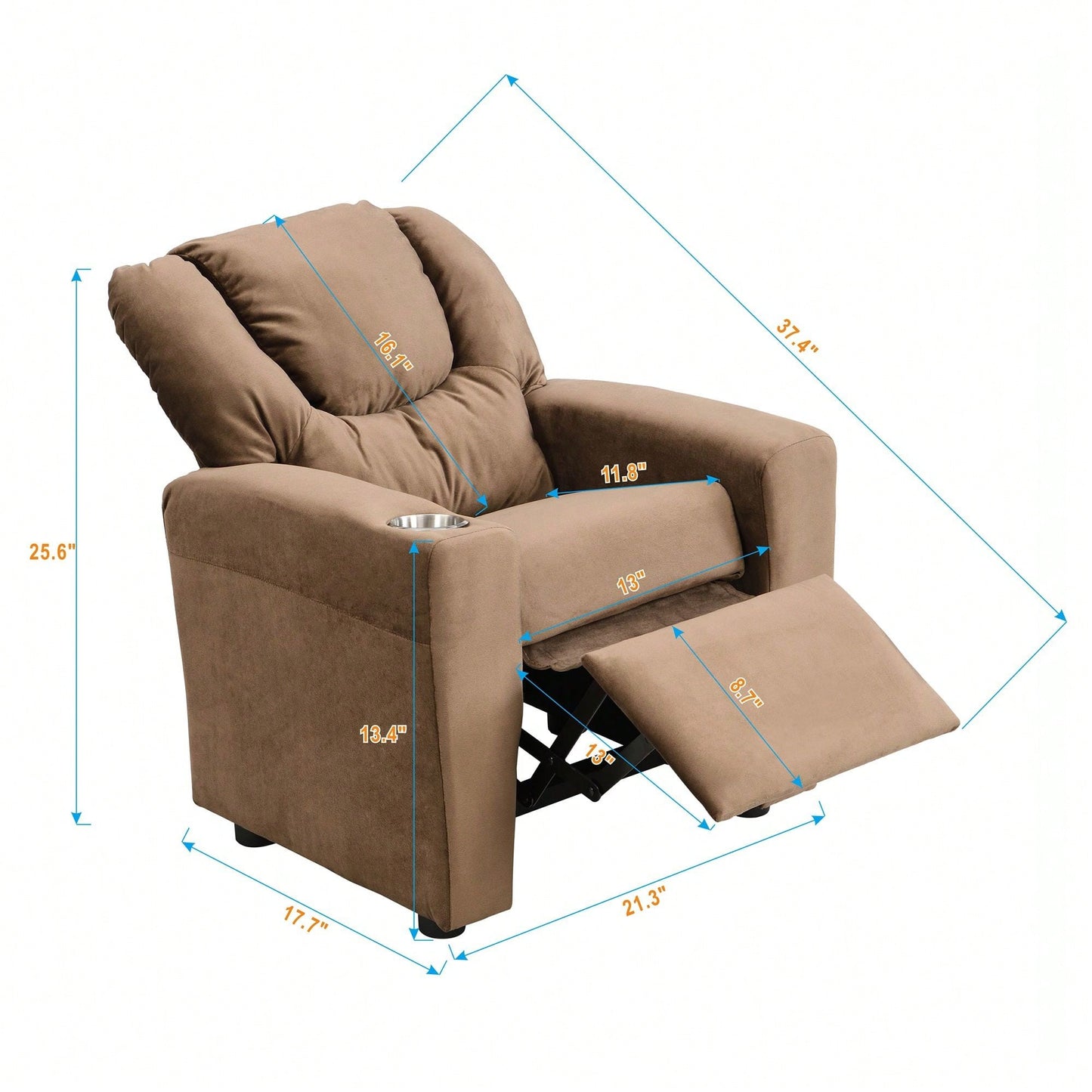Kids Recliner Chair, Kids Upholstered Couch With One Cup Holder, Footrest, Backrest, Toddlers Velvet Recliner With Headrest And Footrest