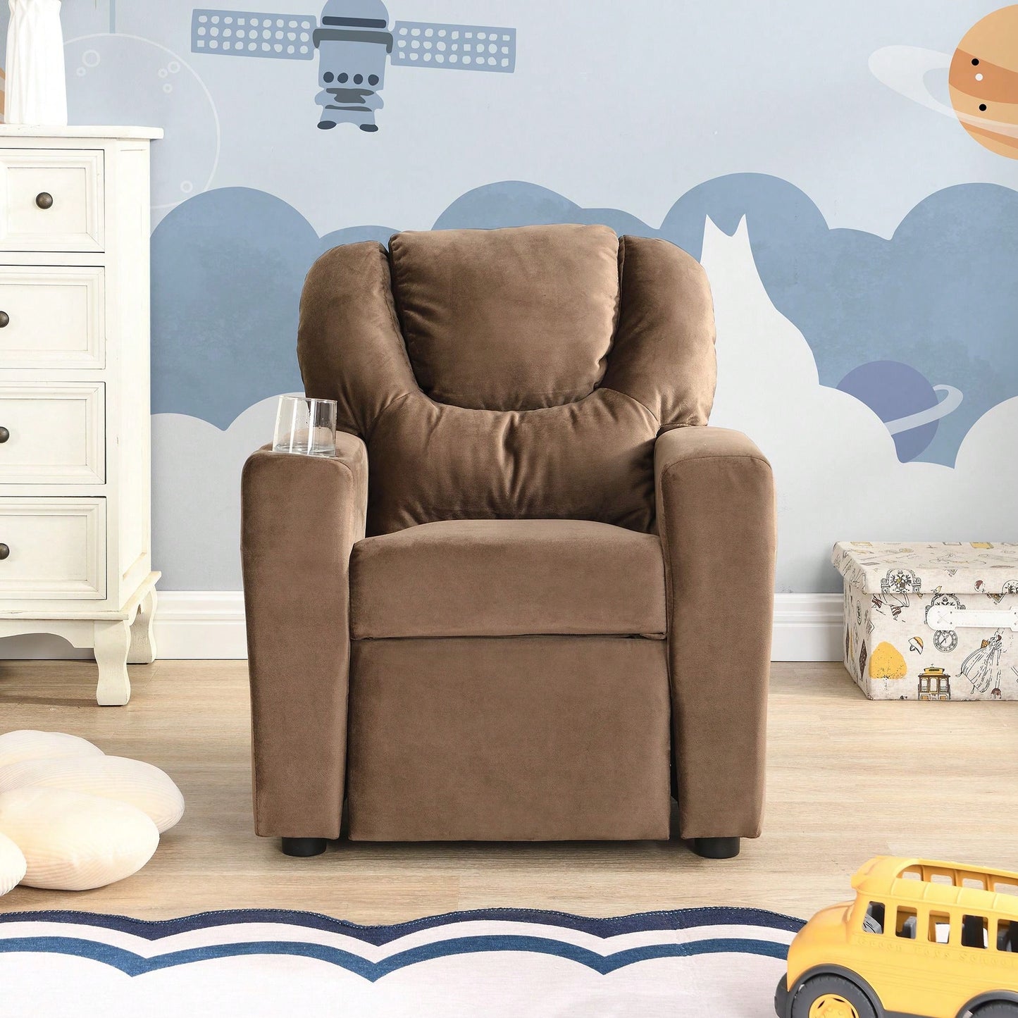 Kids Recliner Chair, Kids Upholstered Couch With One Cup Holder, Footrest, Backrest, Toddlers Velvet Recliner With Headrest And Footrest