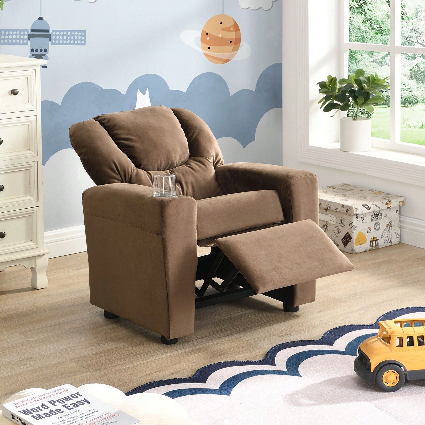Kids Recliner Chair, Kids Upholstered Couch With One Cup Holder, Footrest, Backrest, Toddlers Velvet Recliner With Headrest And Footrest