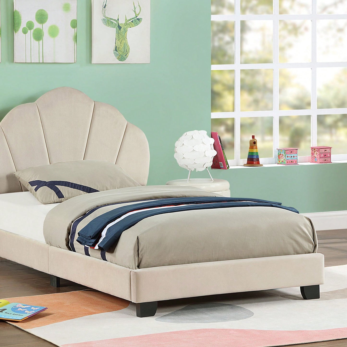 Twin Size Platform Bed For Kids, With Slatted Bed Base, No Box Spring Needed, Shell Design