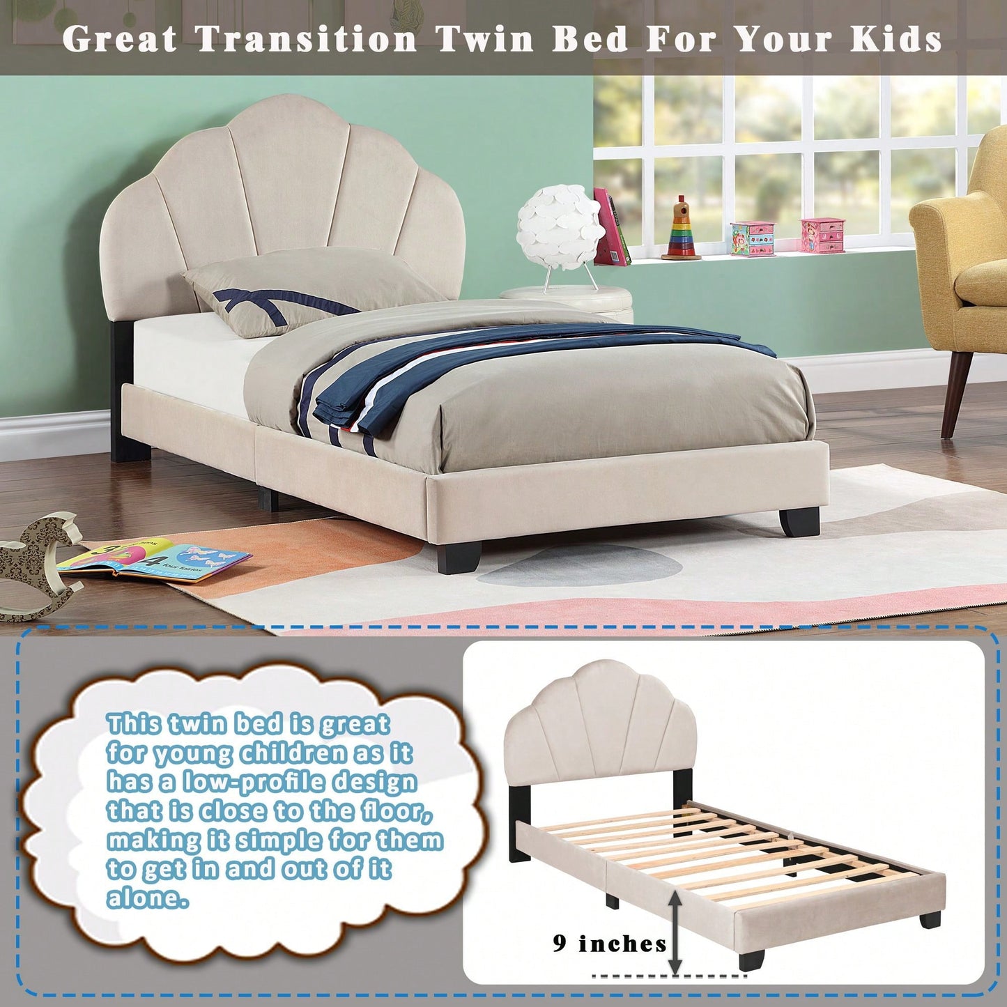 Twin Size Platform Bed For Kids, With Slatted Bed Base, No Box Spring Needed, Shell Design