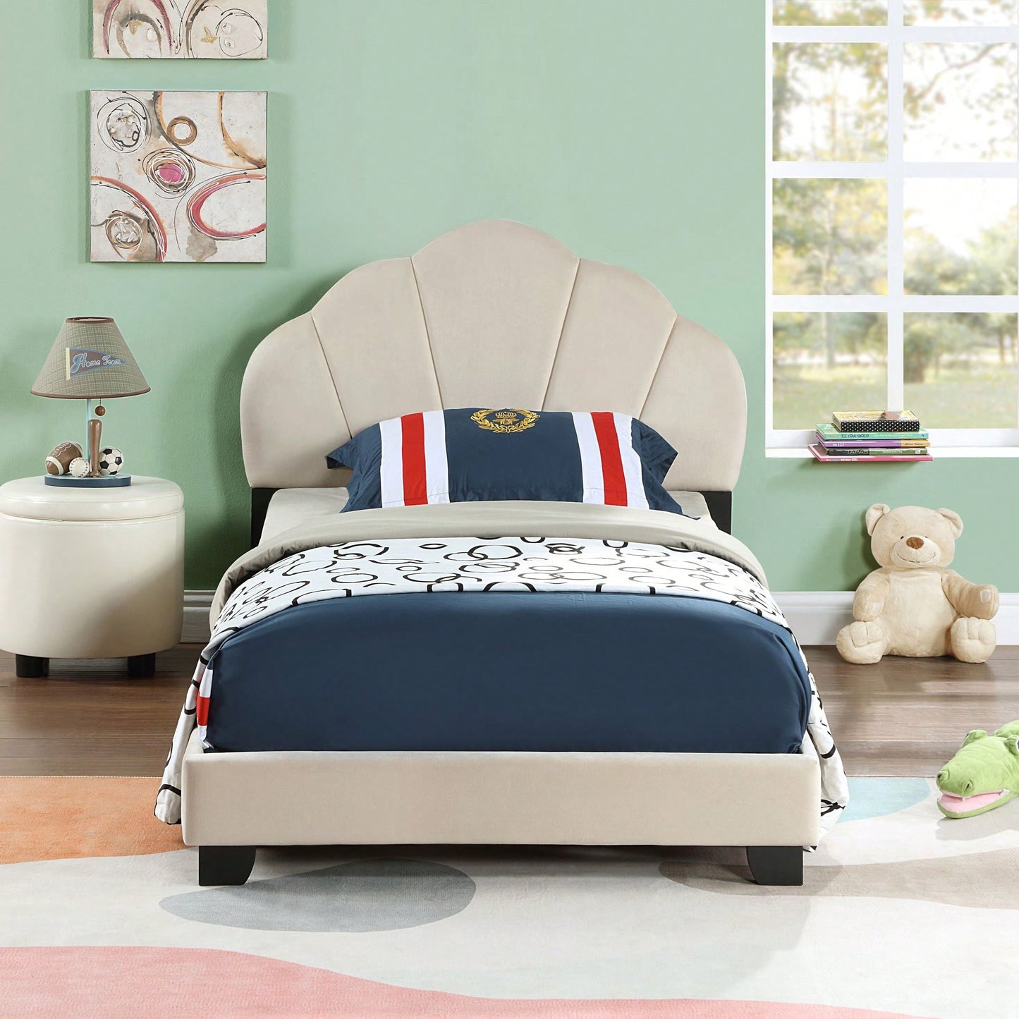 Twin Size Platform Bed For Kids, With Slatted Bed Base, No Box Spring Needed, Shell Design