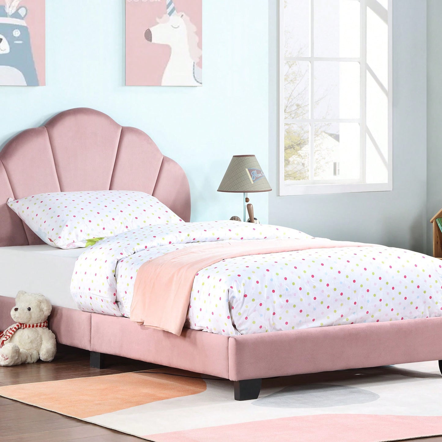 Twin Size Platform Bed For Kids, With Slatted Bed Base, No Box Spring Needed, Shell Design