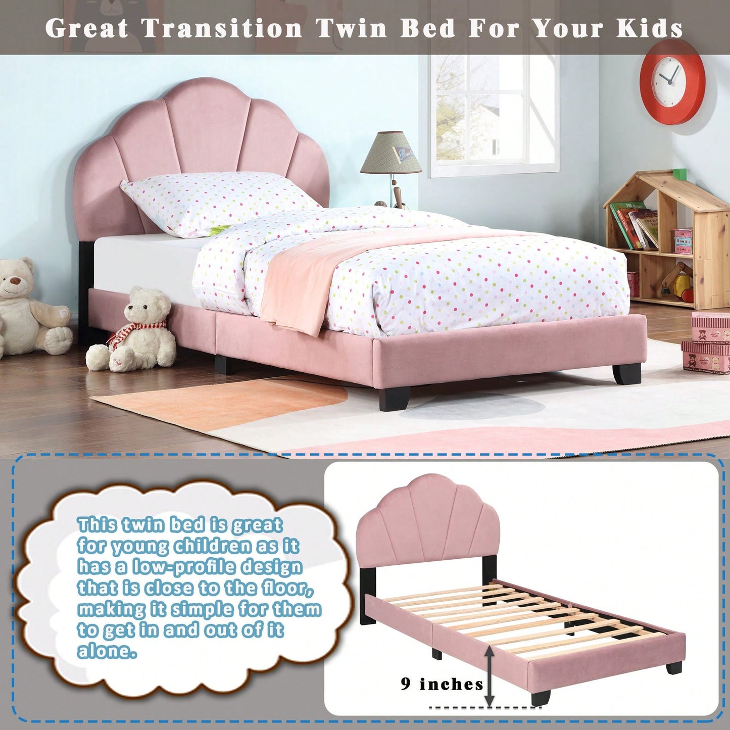 Twin Size Platform Bed For Kids, With Slatted Bed Base, No Box Spring Needed, Shell Design