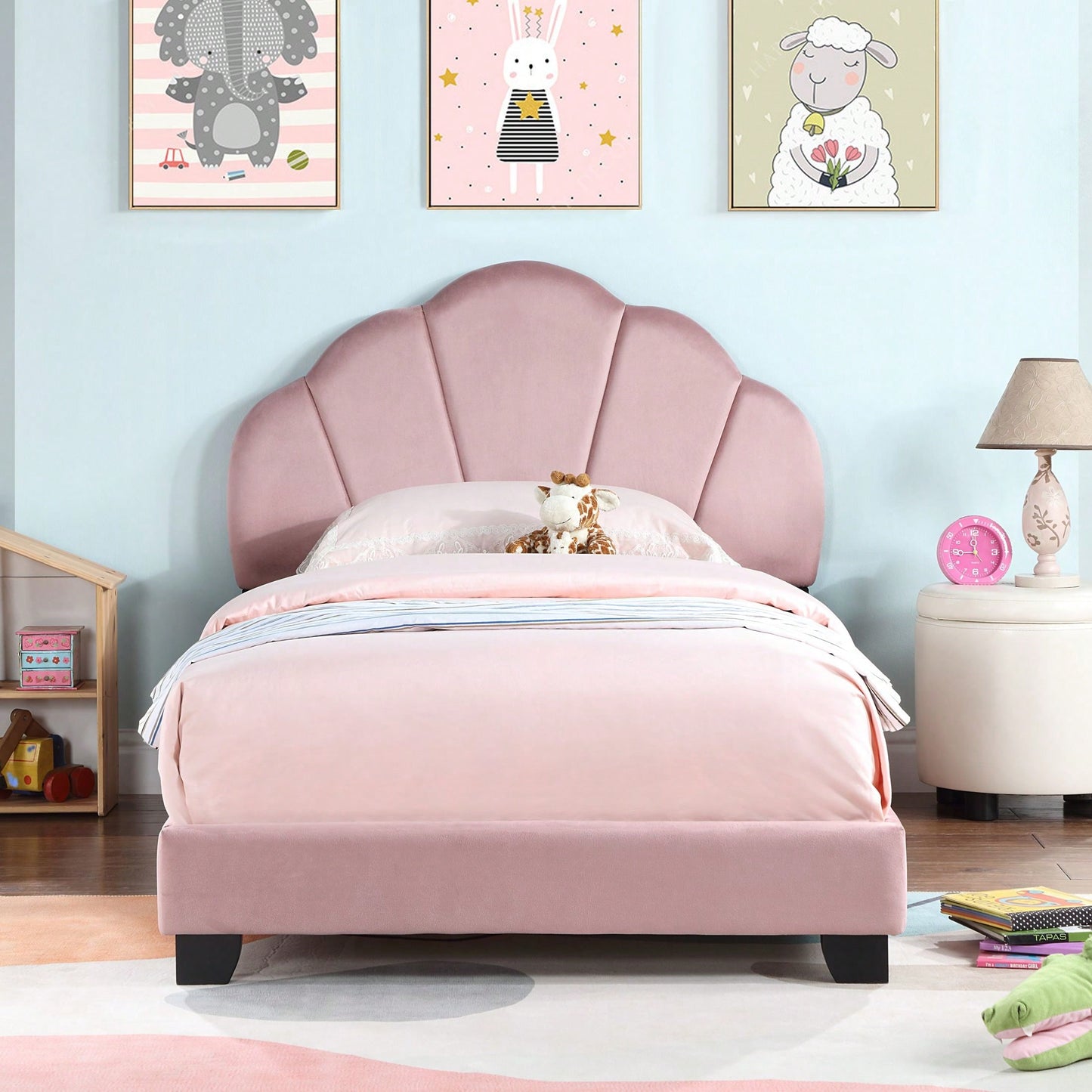 Twin Size Platform Bed For Kids, With Slatted Bed Base, No Box Spring Needed, Shell Design