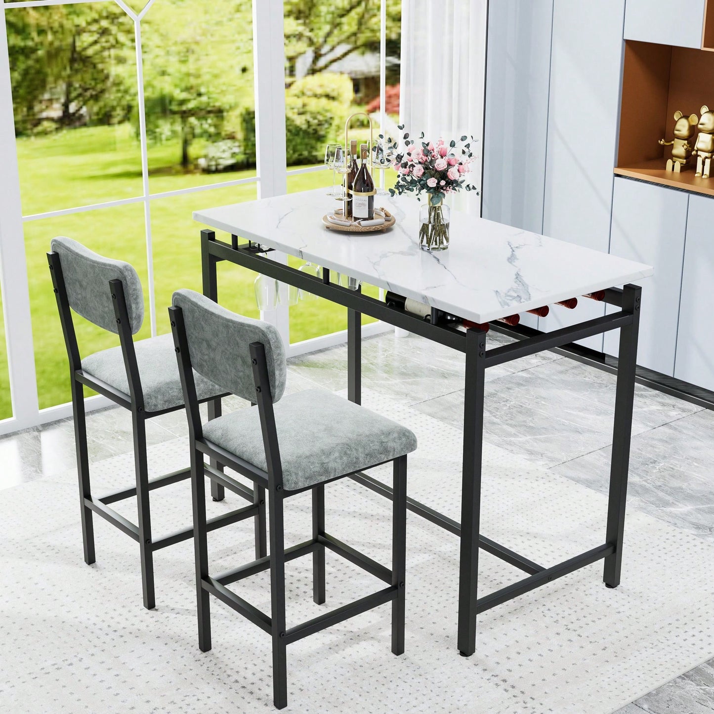 3 Piece Dining Room Table Set With 2 Upholstered Chairs