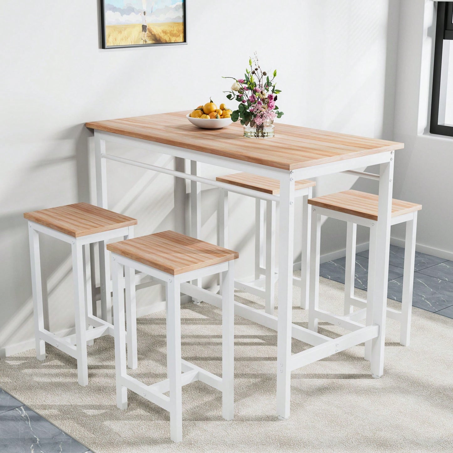 5 Pieces Compact And Durable Table Set With Four Bar Chairs Ideal For Dining, Study, And Small Gatherings
