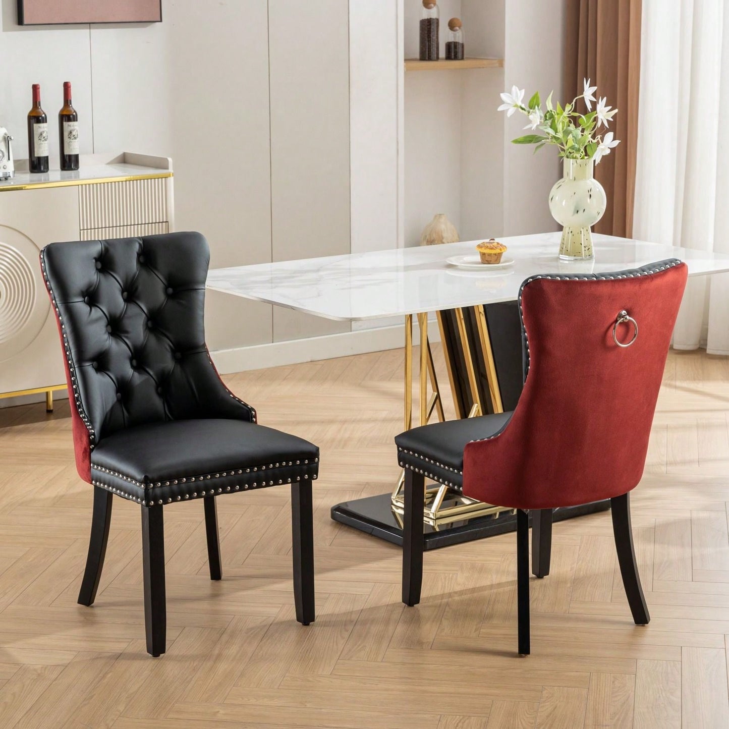 Modern High-End Tufted Dining Chairs Set of 2 Velvet Upholstered Wood Legs Nailhead Trim Black and Wine Red