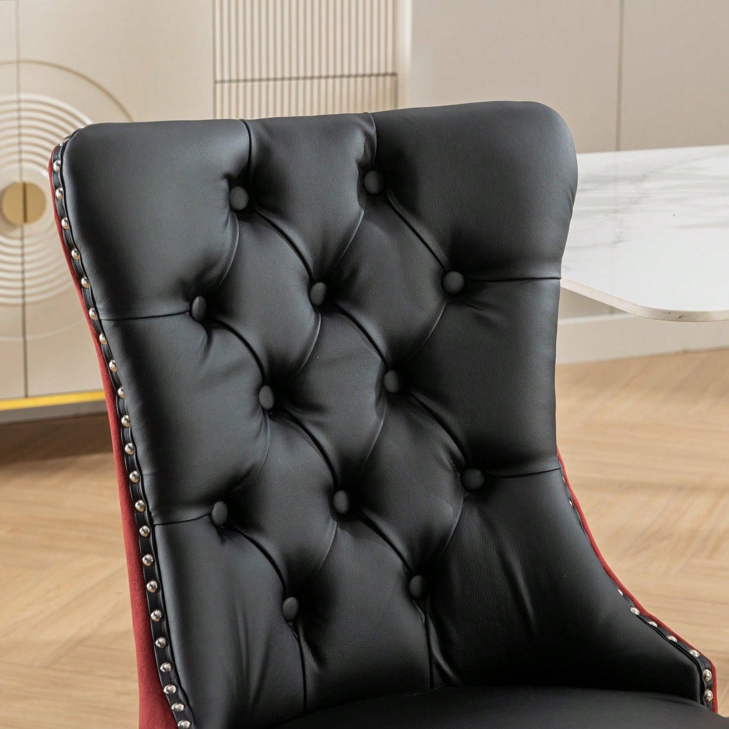 Modern High-End Tufted Dining Chairs Set of 2 Velvet Upholstered Wood Legs Nailhead Trim Black and Wine Red