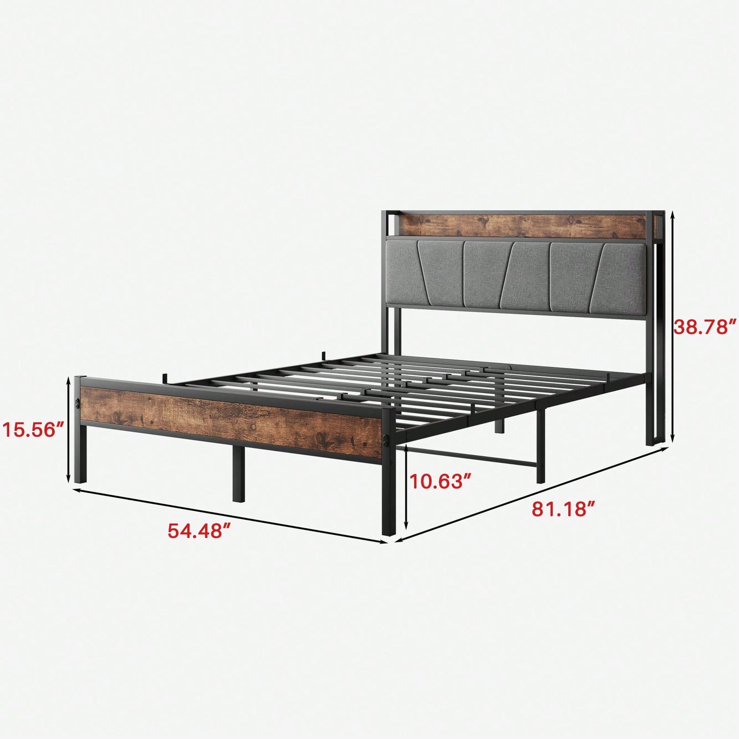 Full Size Bed Frame, Storage Headboard With Charging Station, Solid And Stable, Noise Free, No Box Spring Needed, Easy Assembly