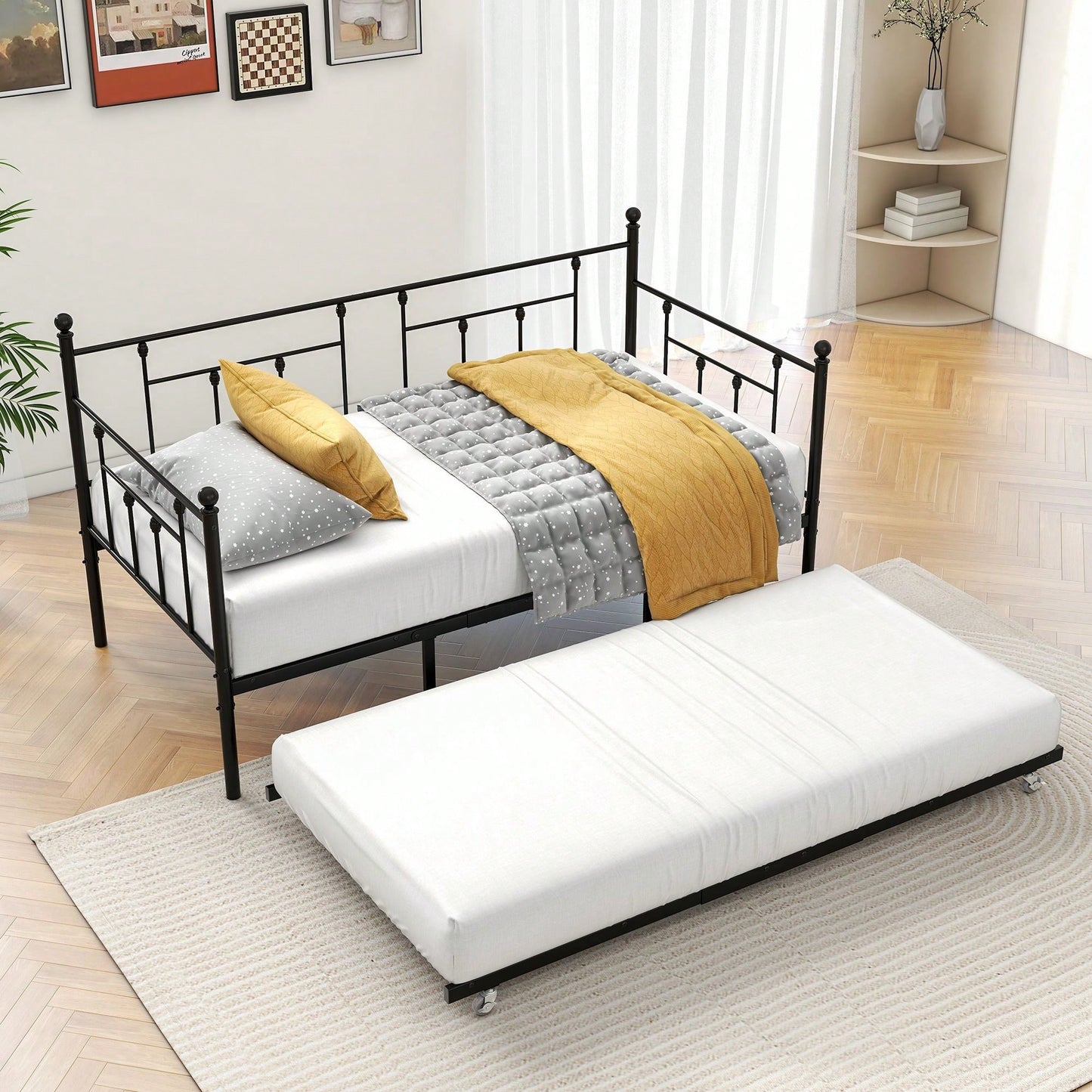 Twin Size Sturdy Metal Daybed With Trundle Durable Construction, Space-Saving Design, And Stylish Appeal