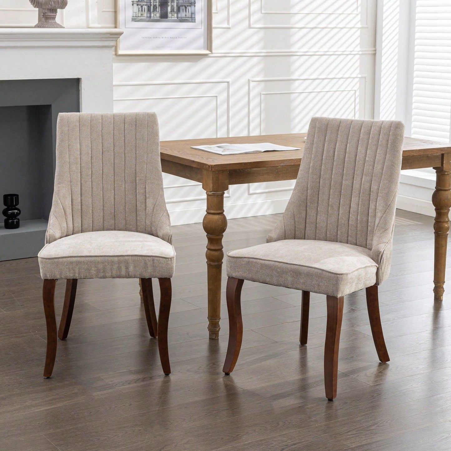 Set of 2 Upholstered Rayon Flocking Linen Dining Chairs with Curved Solid Wood Legs for Kitchen and Dining Room