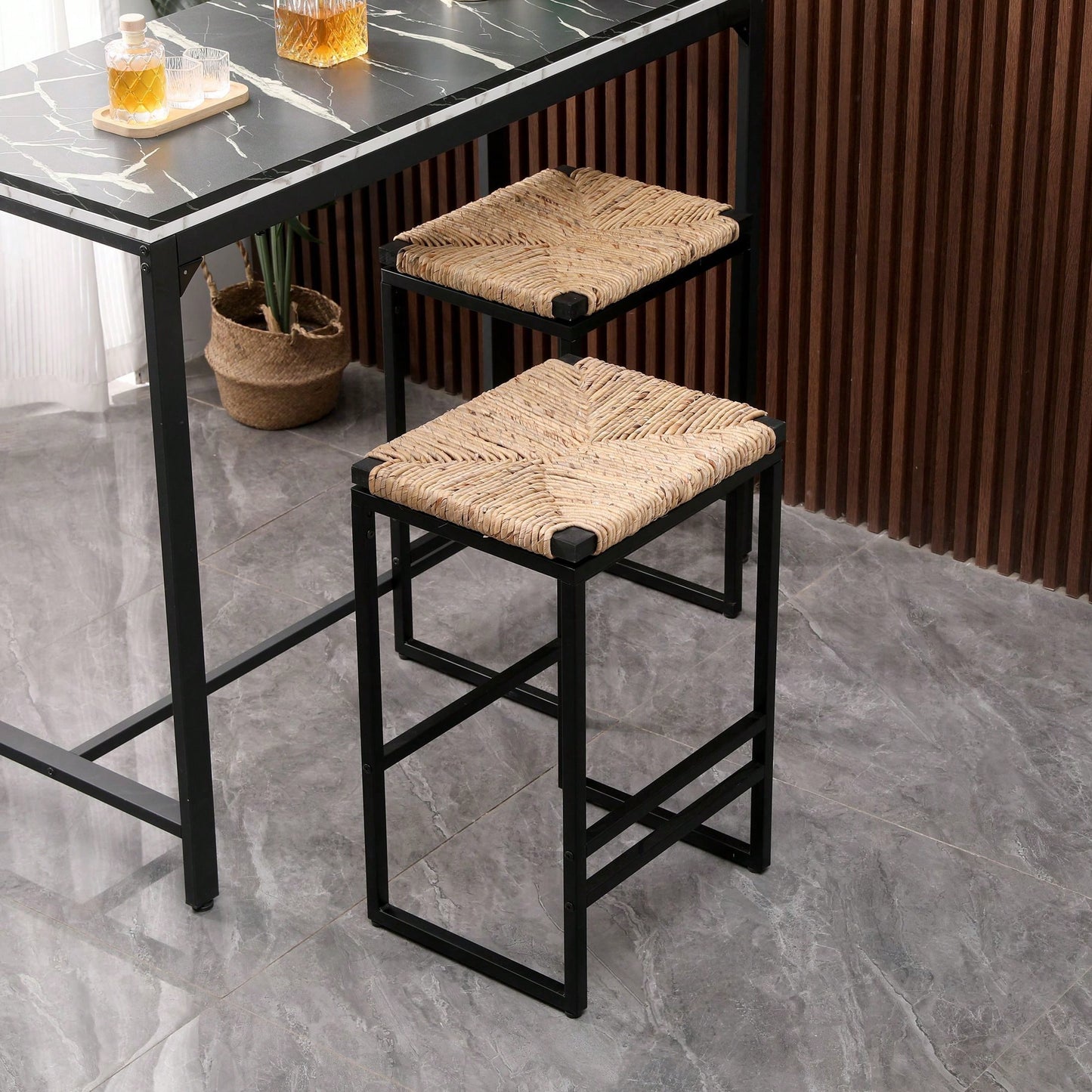 Set Of 2, Water Hyacinth Woven Bar Stools For Kitchen Counter Water Hyacinth Grass Backless Barstools With Footrest