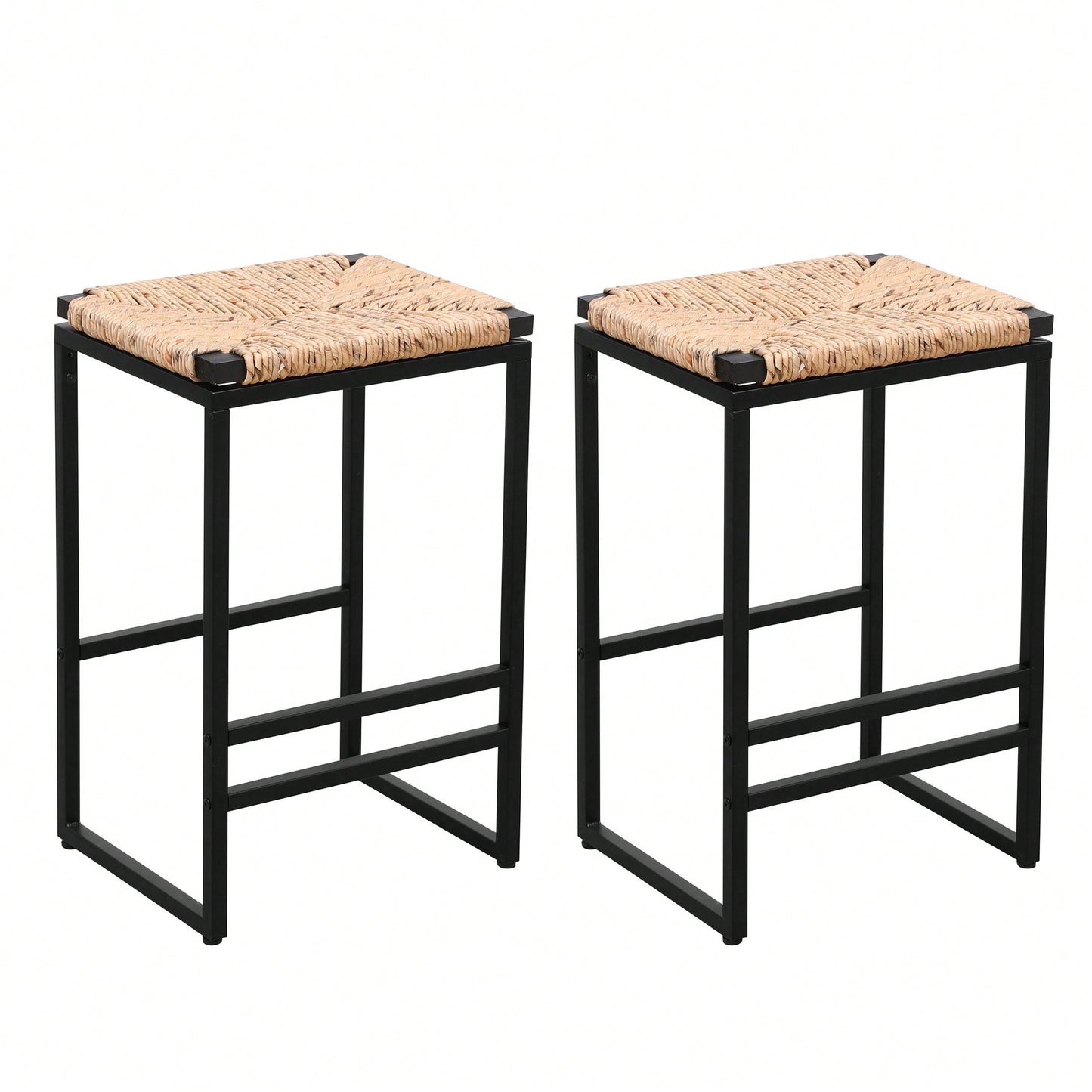 Set Of 2, Water Hyacinth Woven Bar Stools For Kitchen Counter Water Hyacinth Grass Backless Barstools With Footrest