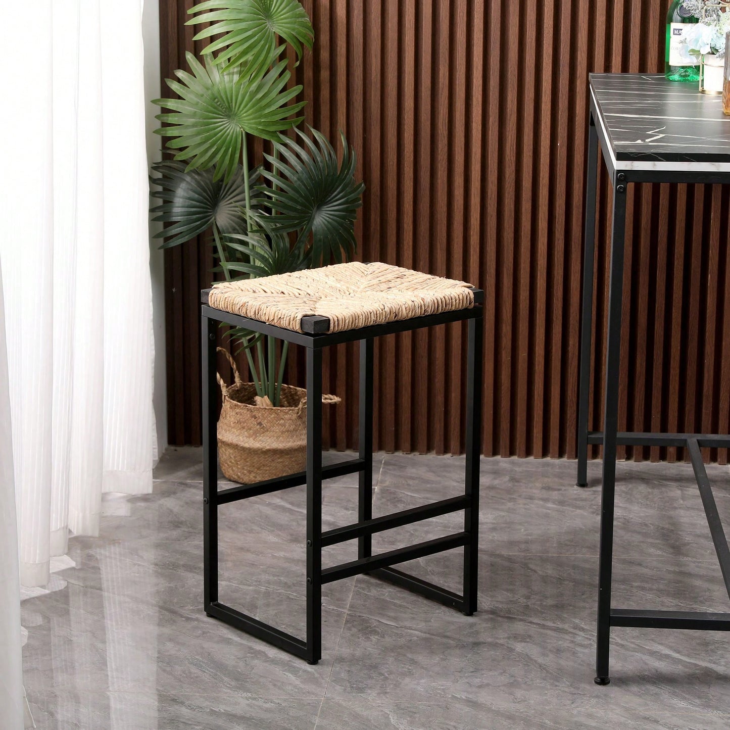 Set Of 2, Water Hyacinth Woven Bar Stools For Kitchen Counter Water Hyacinth Grass Backless Barstools With Footrest