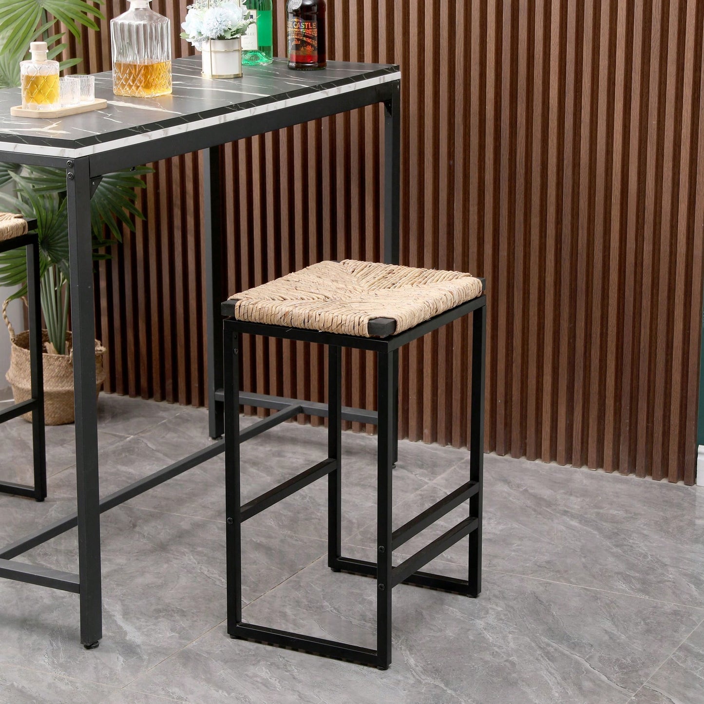 Set Of 2, Water Hyacinth Woven Bar Stools For Kitchen Counter Water Hyacinth Grass Backless Barstools With Footrest