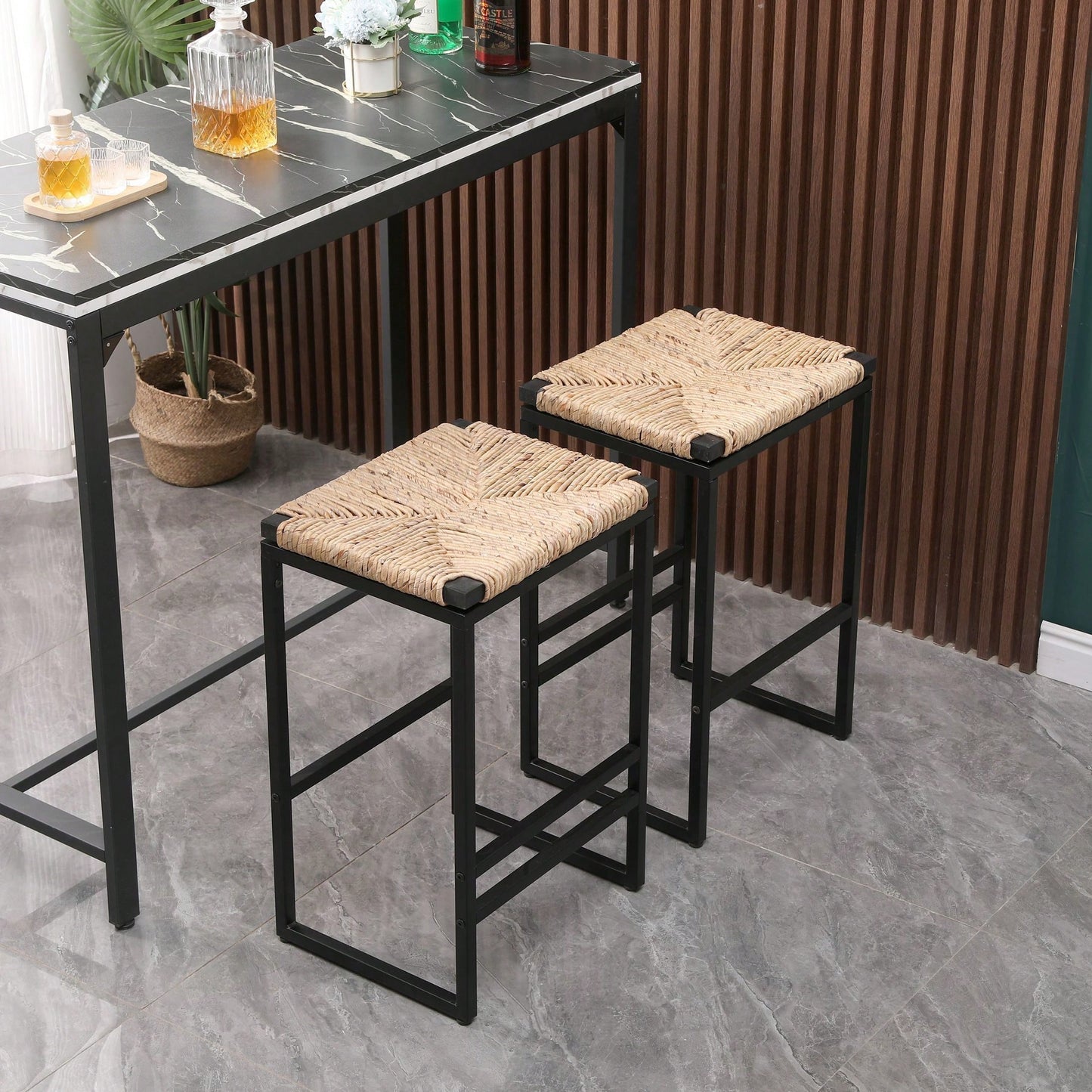 Set Of 2, Water Hyacinth Woven Bar Stools For Kitchen Counter Water Hyacinth Grass Backless Barstools With Footrest