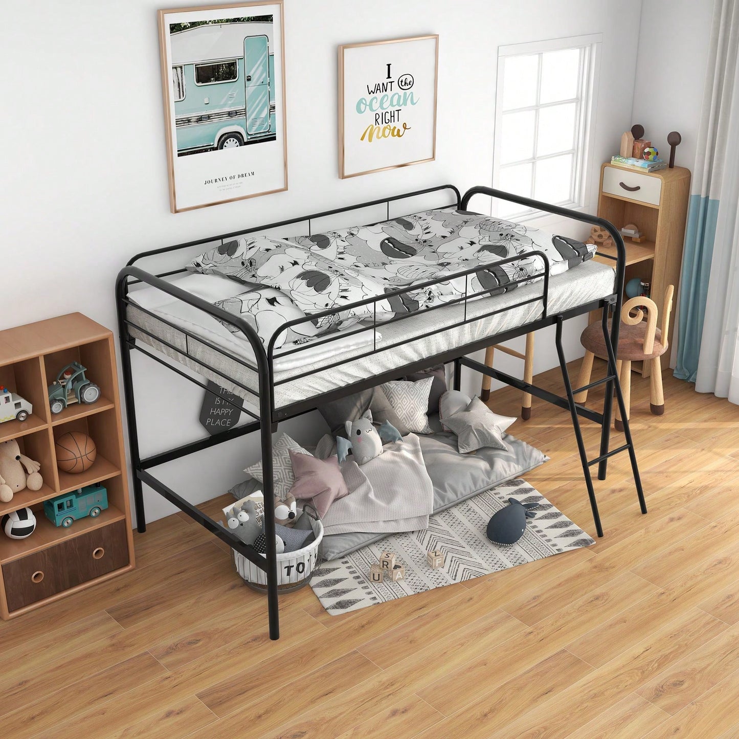 Twin Size Loft Bed , High Loft Bed Black ,Sturdy Metal Loft Bed With Full-Length Guardrails,Storage Steps And Secured Metal Slats