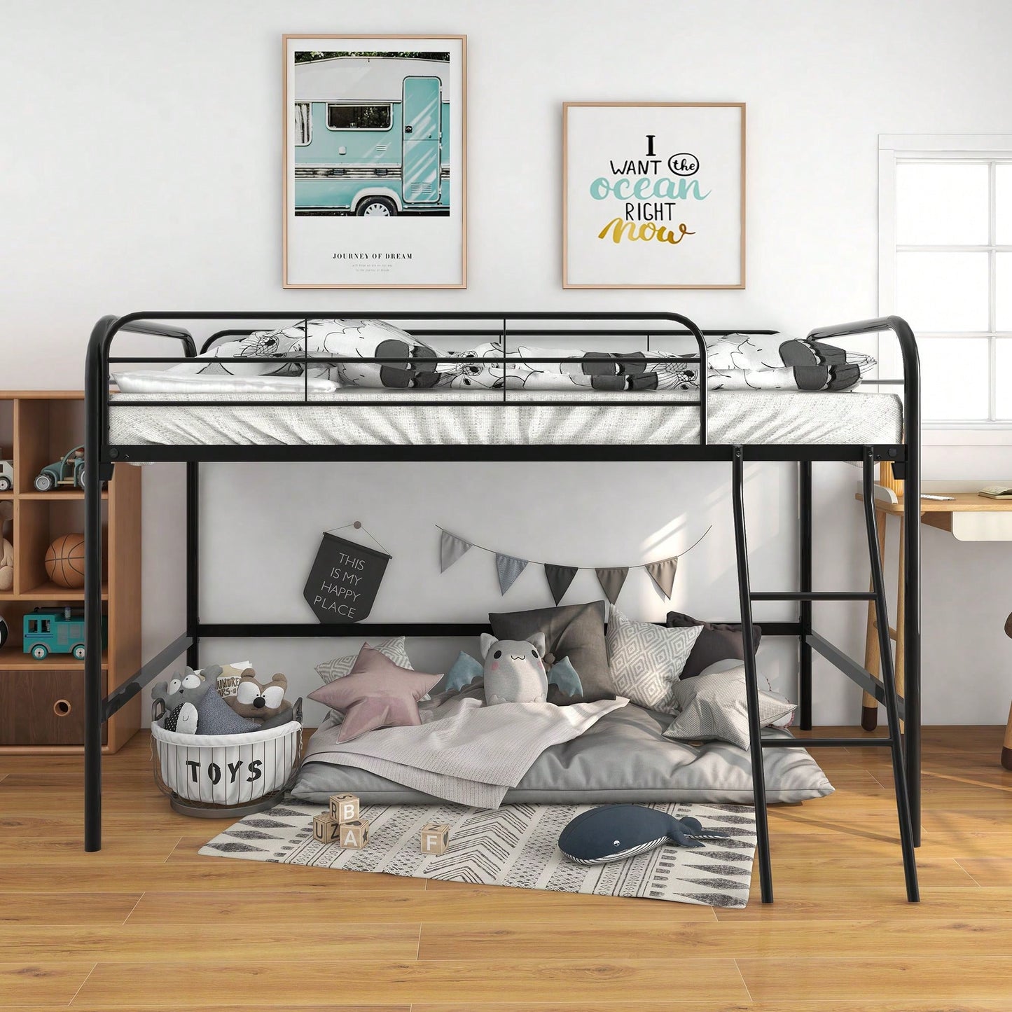 Twin Size Loft Bed , High Loft Bed Black ,Sturdy Metal Loft Bed With Full-Length Guardrails,Storage Steps And Secured Metal Slats