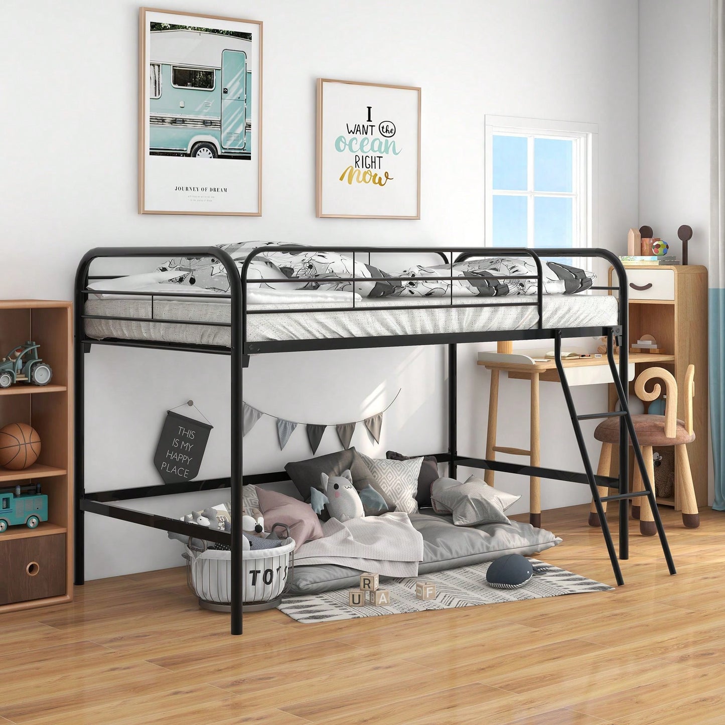 Twin Size Loft Bed , High Loft Bed Black ,Sturdy Metal Loft Bed With Full-Length Guardrails,Storage Steps And Secured Metal Slats