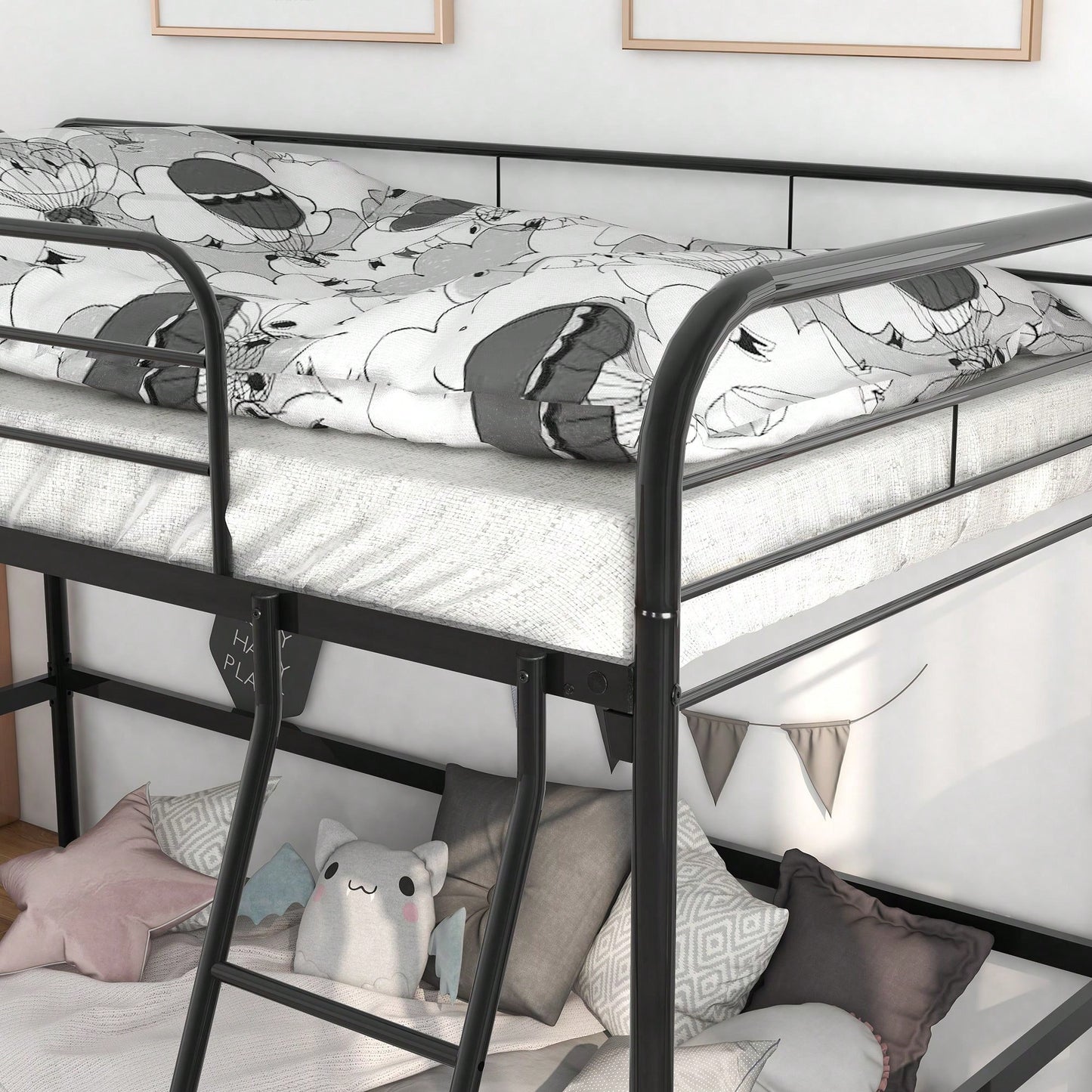 Twin Size Loft Bed , High Loft Bed Black ,Sturdy Metal Loft Bed With Full-Length Guardrails,Storage Steps And Secured Metal Slats