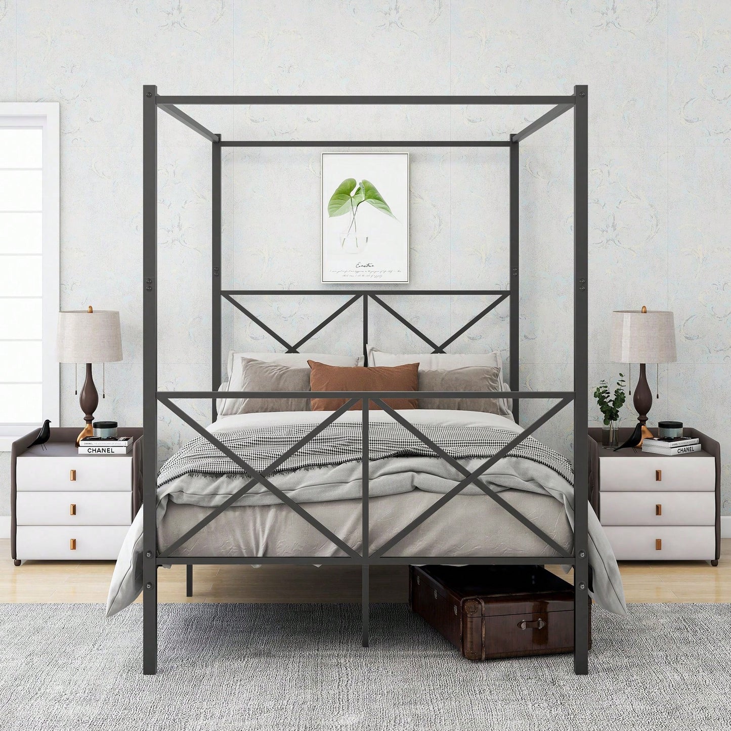 Metal Canopy Bed Frame, Platform Bed Frame With X Shaped Frame Full Black