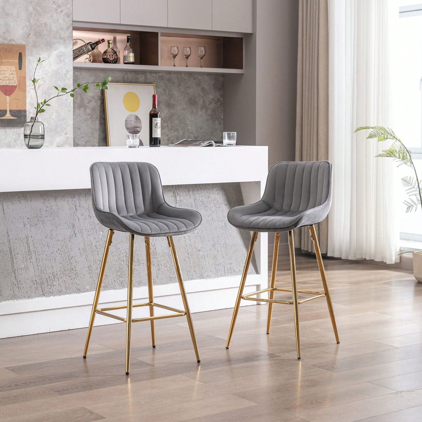Set Of 2, 26" Bar Stools,With Steel Frame Footrest Velvet Fabric Golden Leg Simple Bar Stool