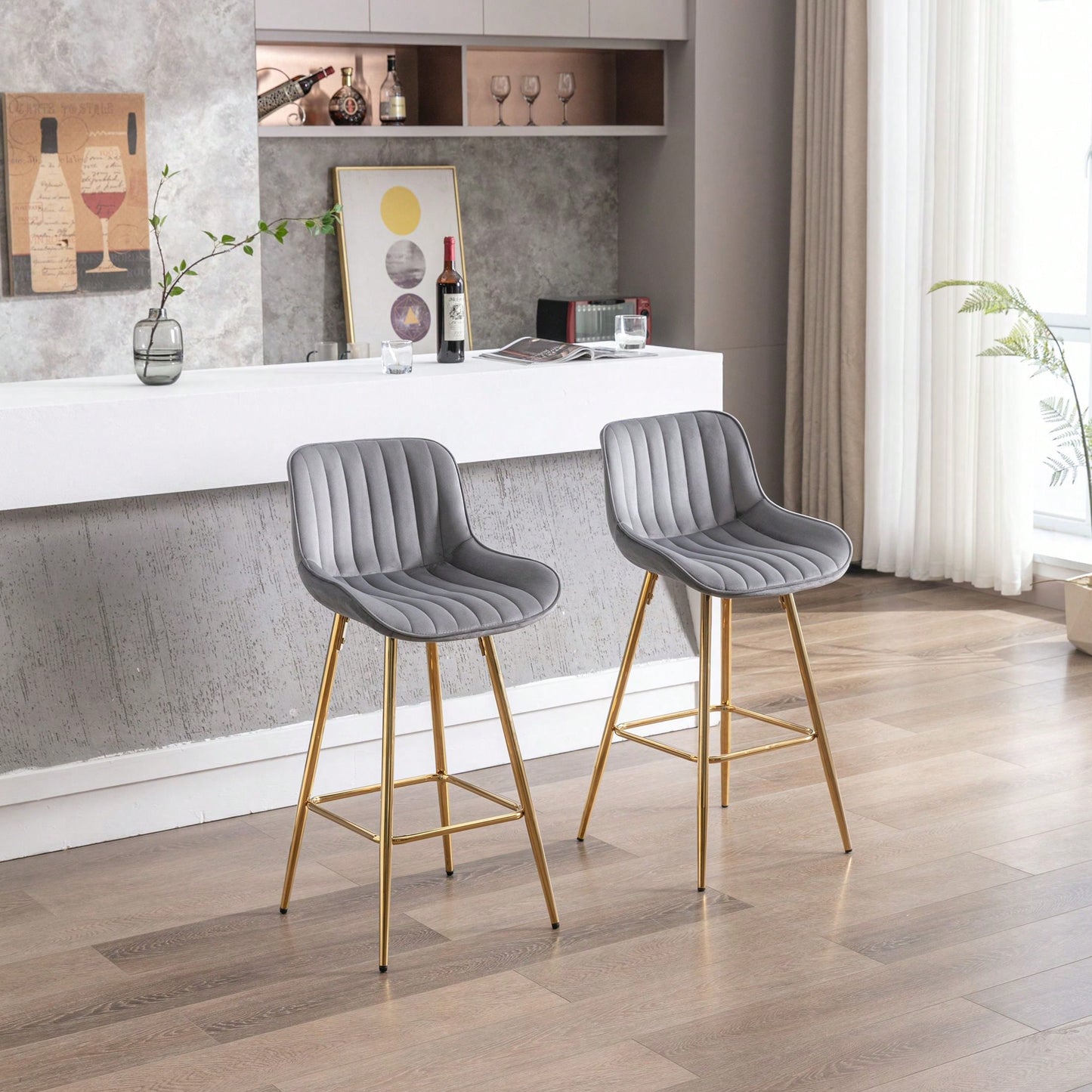 Set Of 2, 26" Bar Stools,With Steel Frame Footrest Velvet Fabric Golden Leg Simple Bar Stool