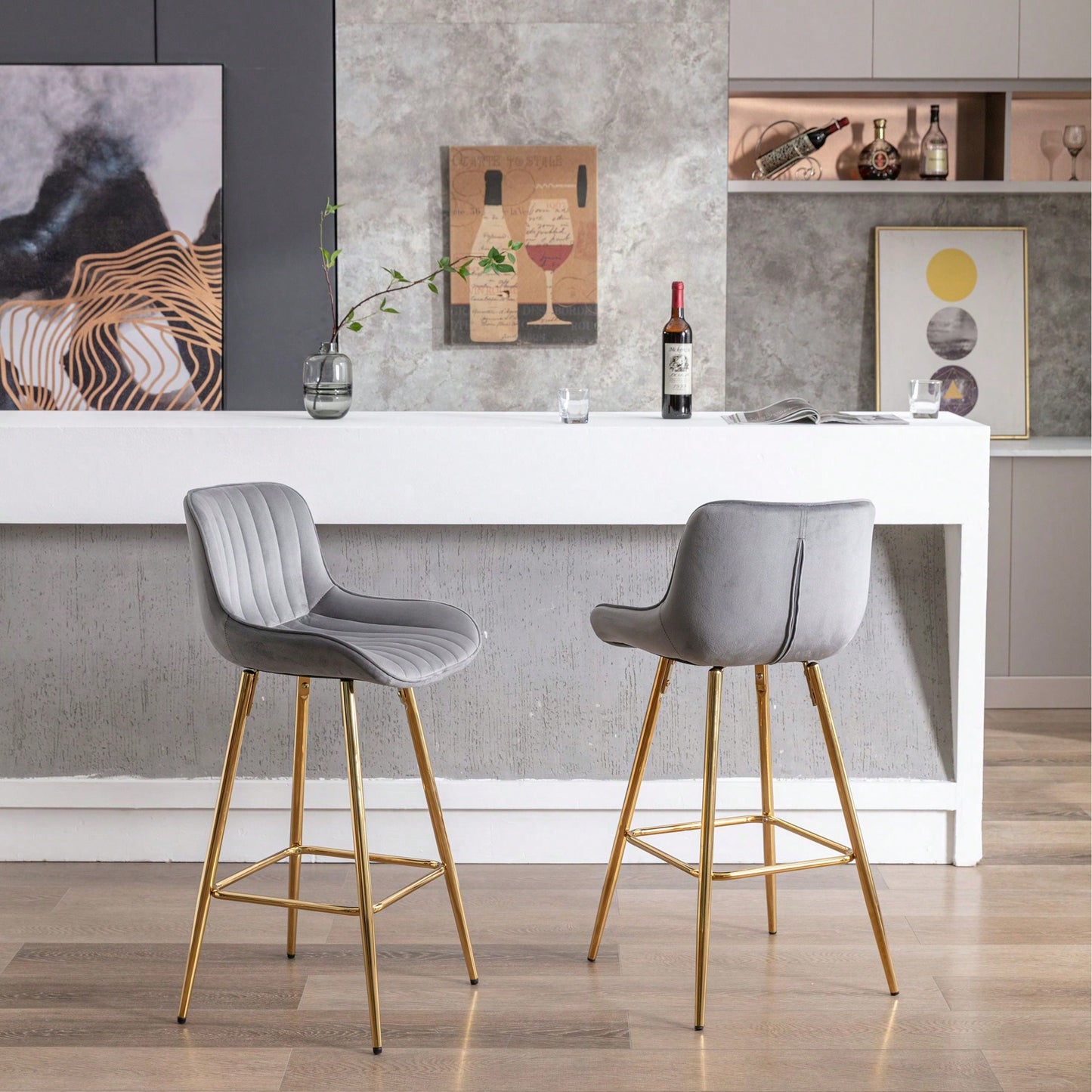 Set Of 2, 26" Bar Stools,With Steel Frame Footrest Velvet Fabric Golden Leg Simple Bar Stool