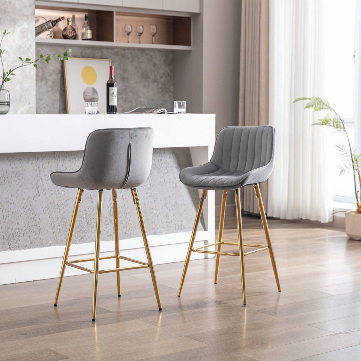 Set Of 2, 26" Bar Stools,With Steel Frame Footrest Velvet Fabric Golden Leg Simple Bar Stool