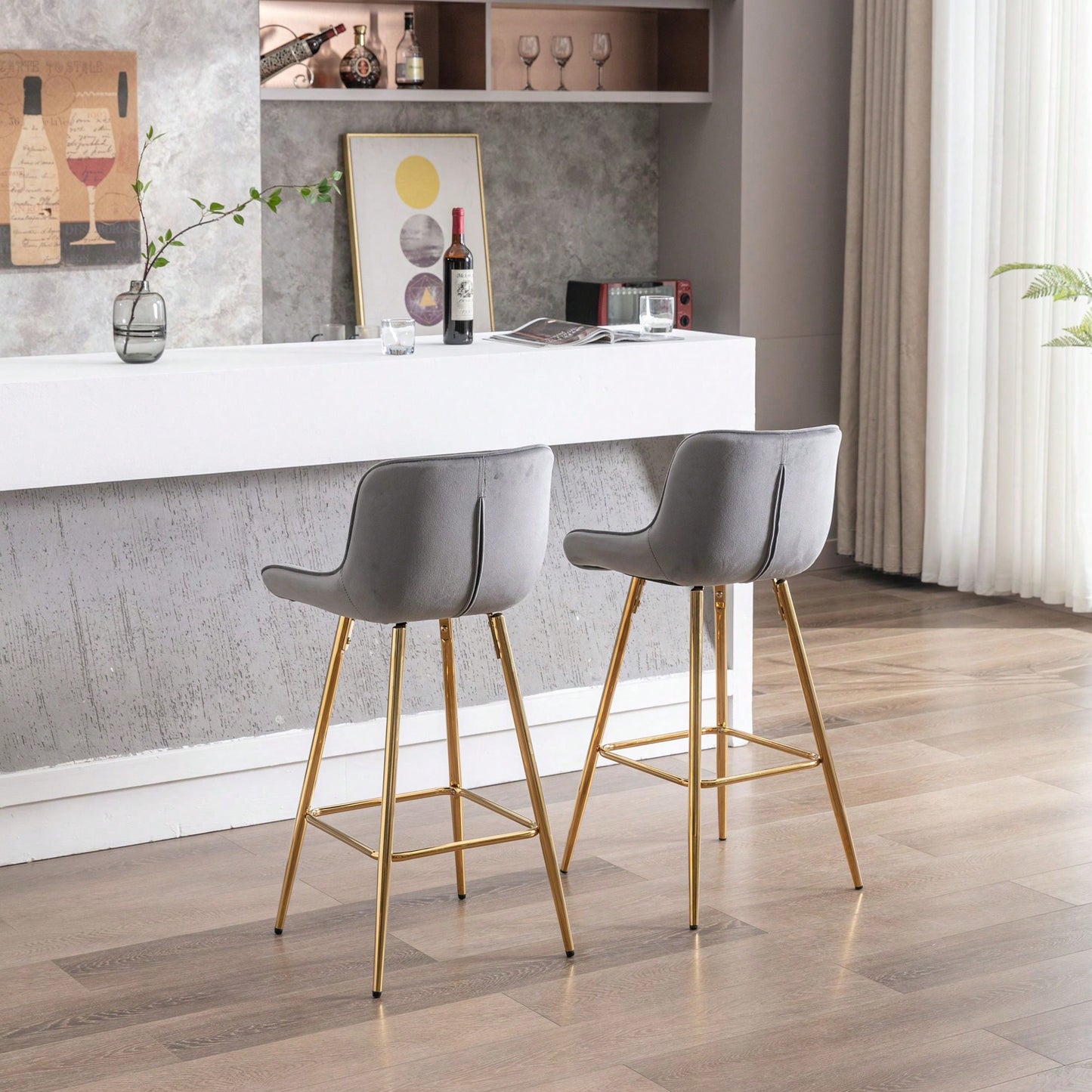 Set Of 2, 26" Bar Stools,With Steel Frame Footrest Velvet Fabric Golden Leg Simple Bar Stool