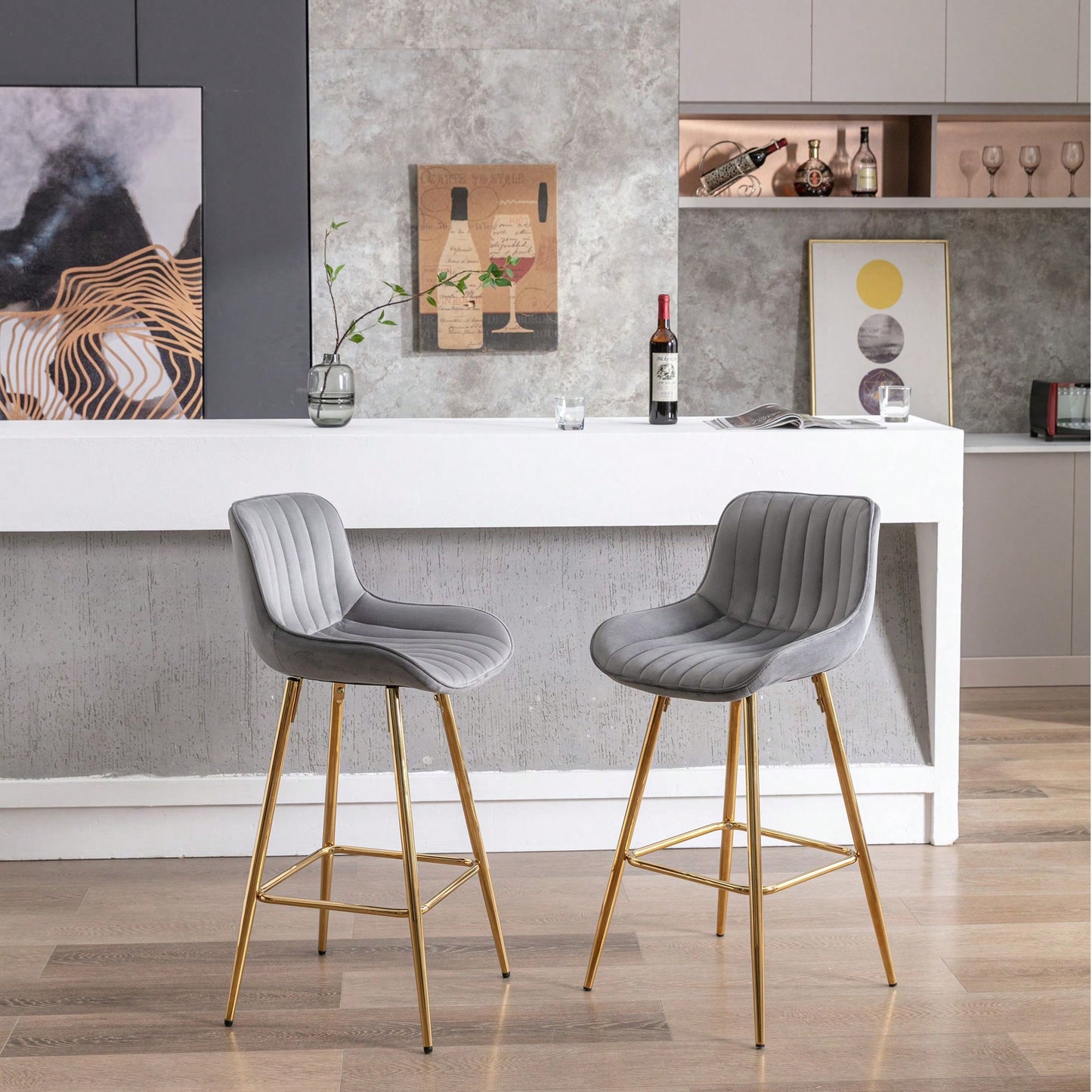 Set Of 2, 26" Bar Stools,With Steel Frame Footrest Velvet Fabric Golden Leg Simple Bar Stool