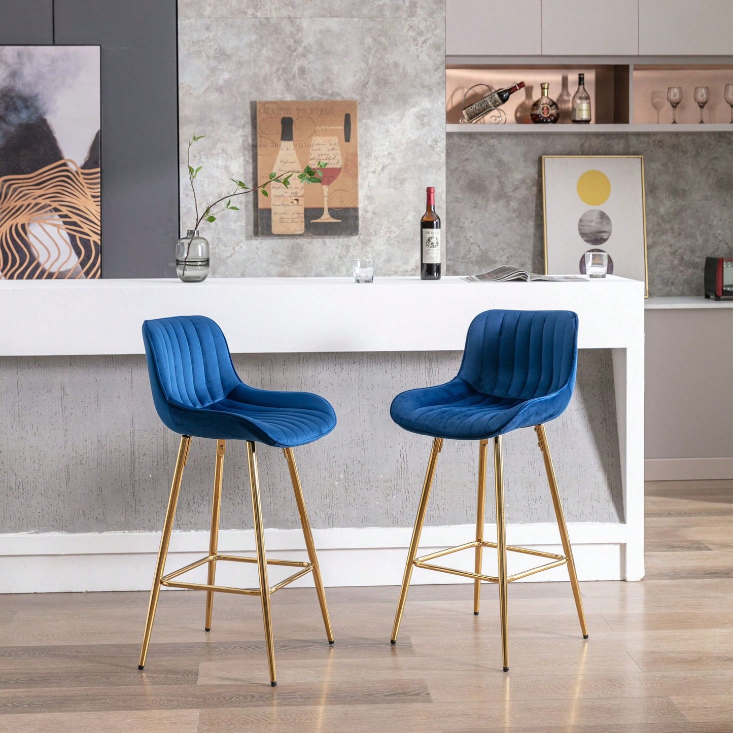 Set Of 2, 26" Bar Stools,With Steel Frame Footrest Velvet Fabric Golden Leg Simple Bar Stool