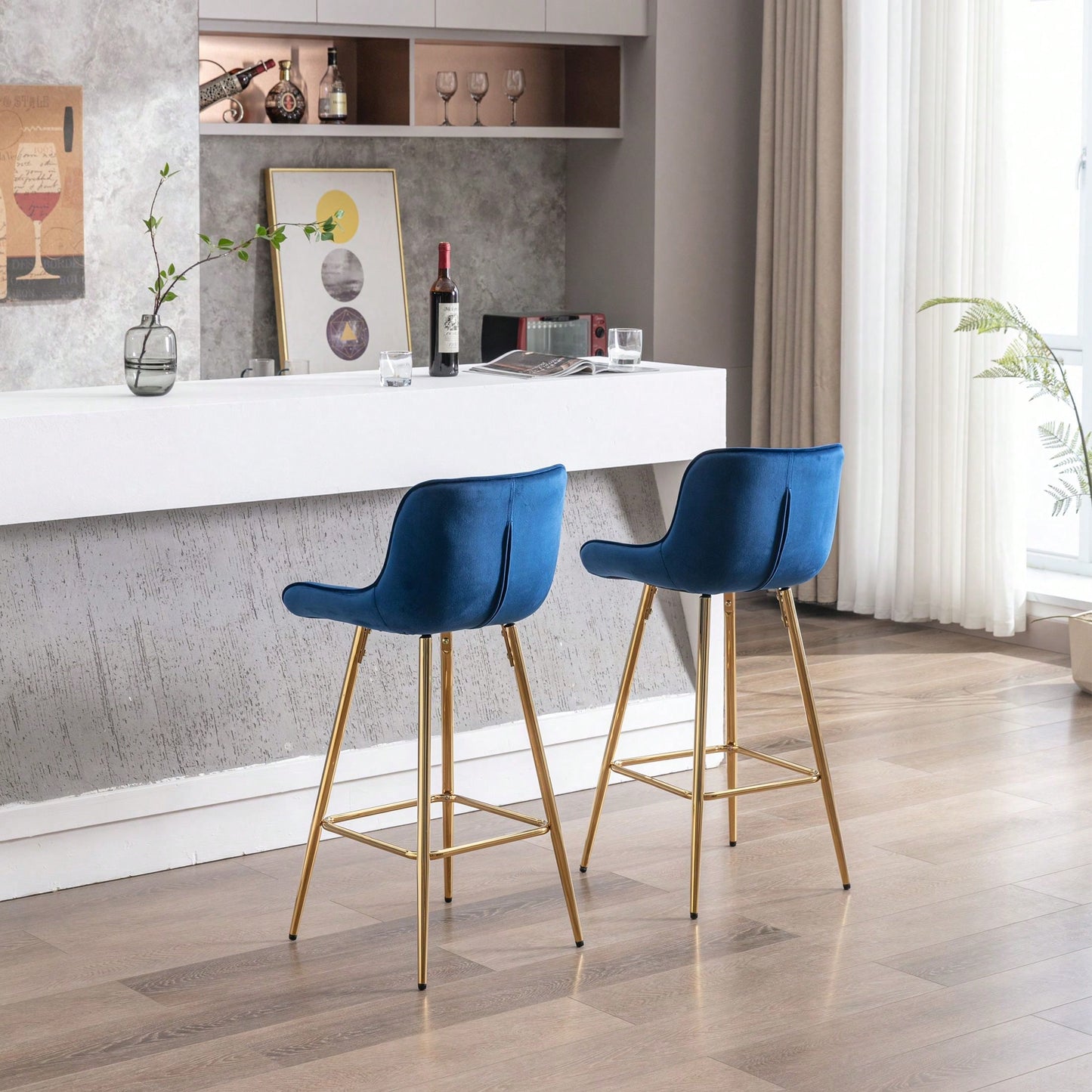 Set Of 2, 26" Bar Stools,With Steel Frame Footrest Velvet Fabric Golden Leg Simple Bar Stool